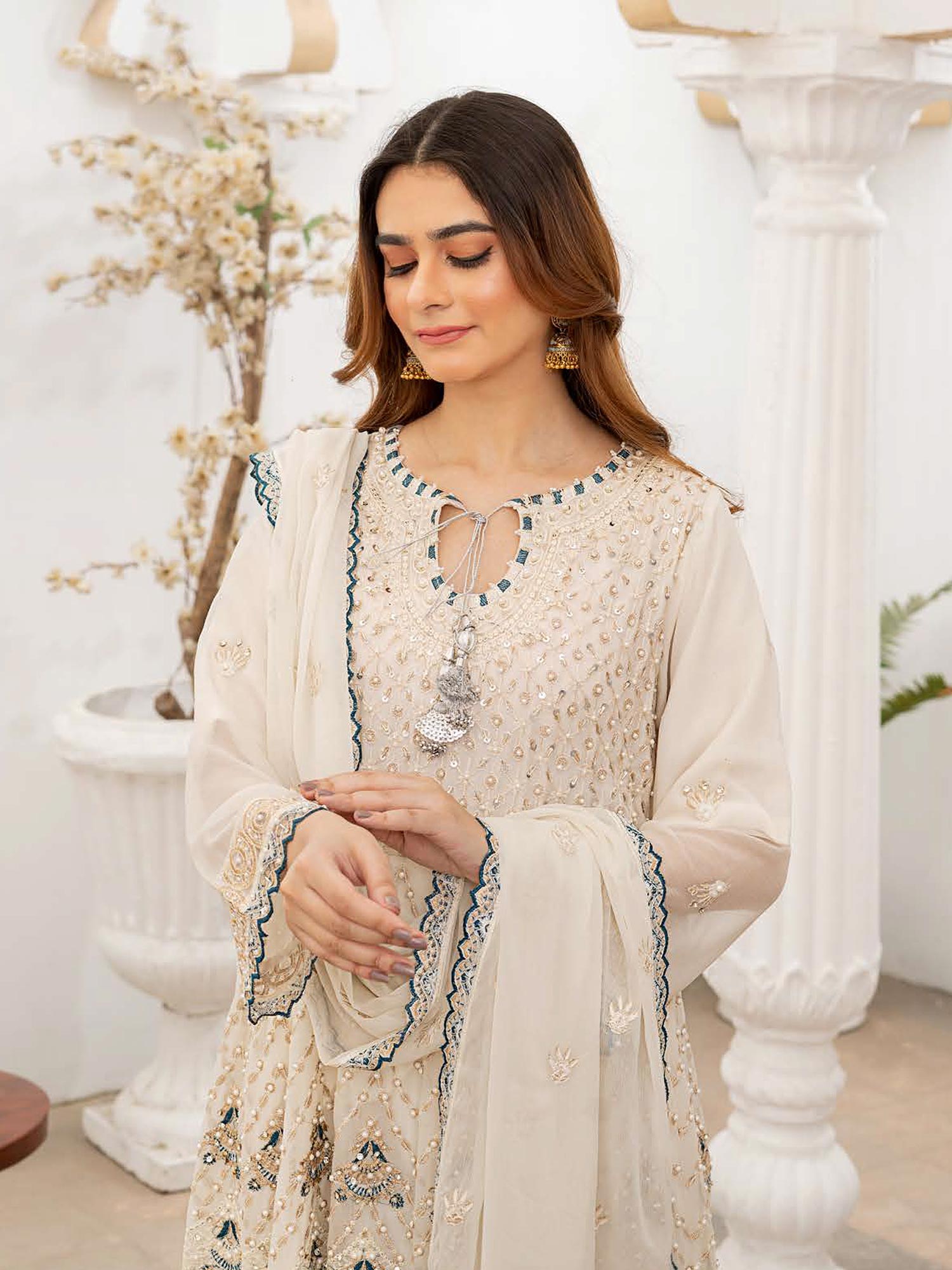 Rangz Luxury Embroidered Chiffon Long Frock 3pc Suit - Off-White