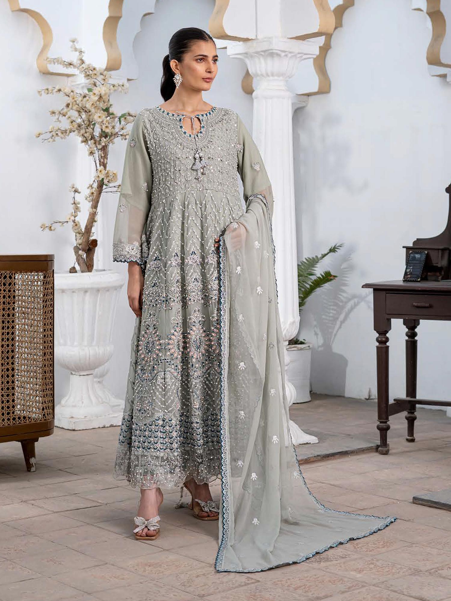 Rangz Luxury Embroidered Chiffon Long Frock 3pc Suit - Green-Grey
