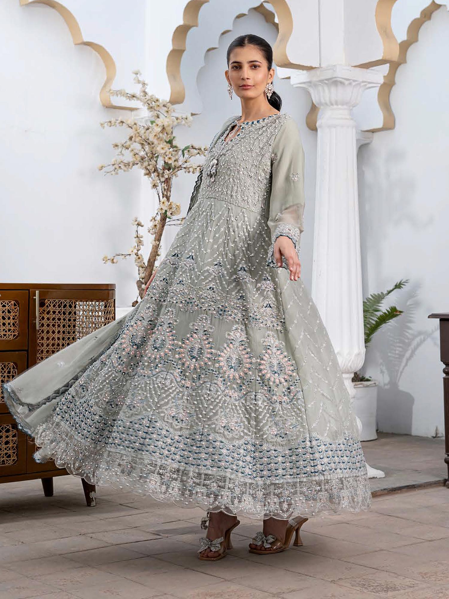 Rangz Luxury Embroidered Chiffon Long Frock 3pc Suit - Green-Grey
