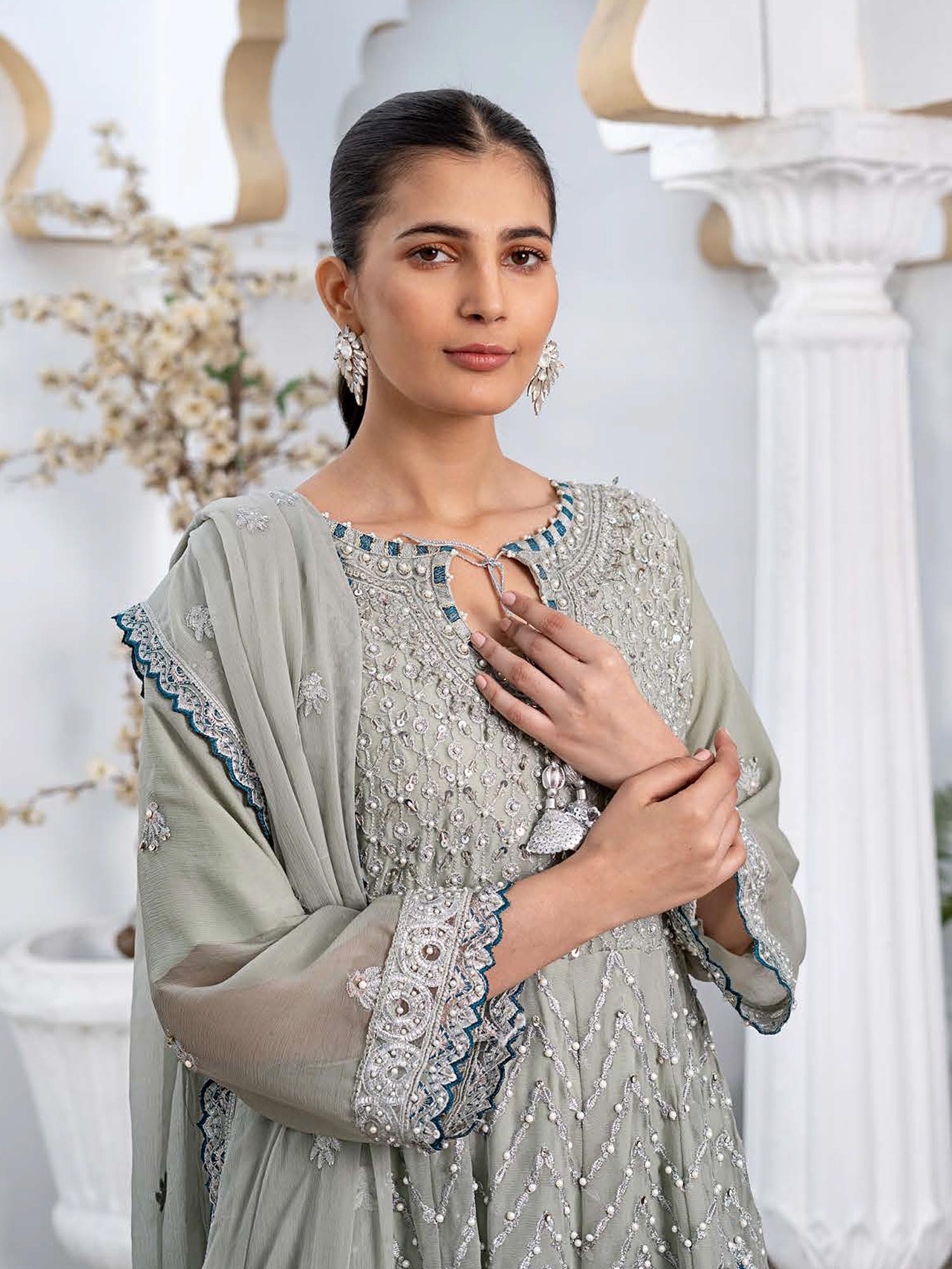 Rangz Luxury Embroidered Chiffon Long Frock 3pc Suit - Green-Grey