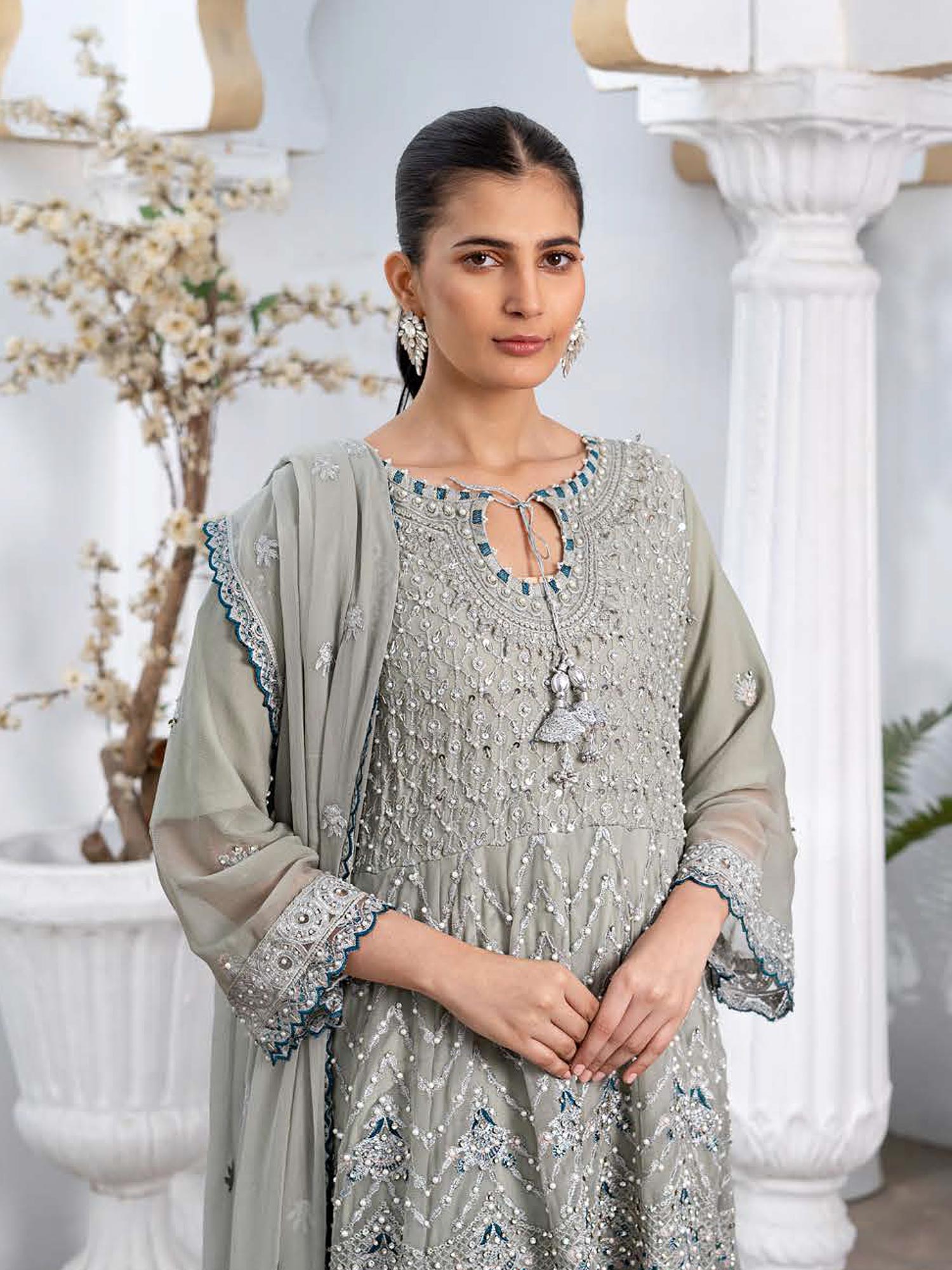 Rangz Luxury Embroidered Chiffon Long Frock 3pc Suit - Green-Grey