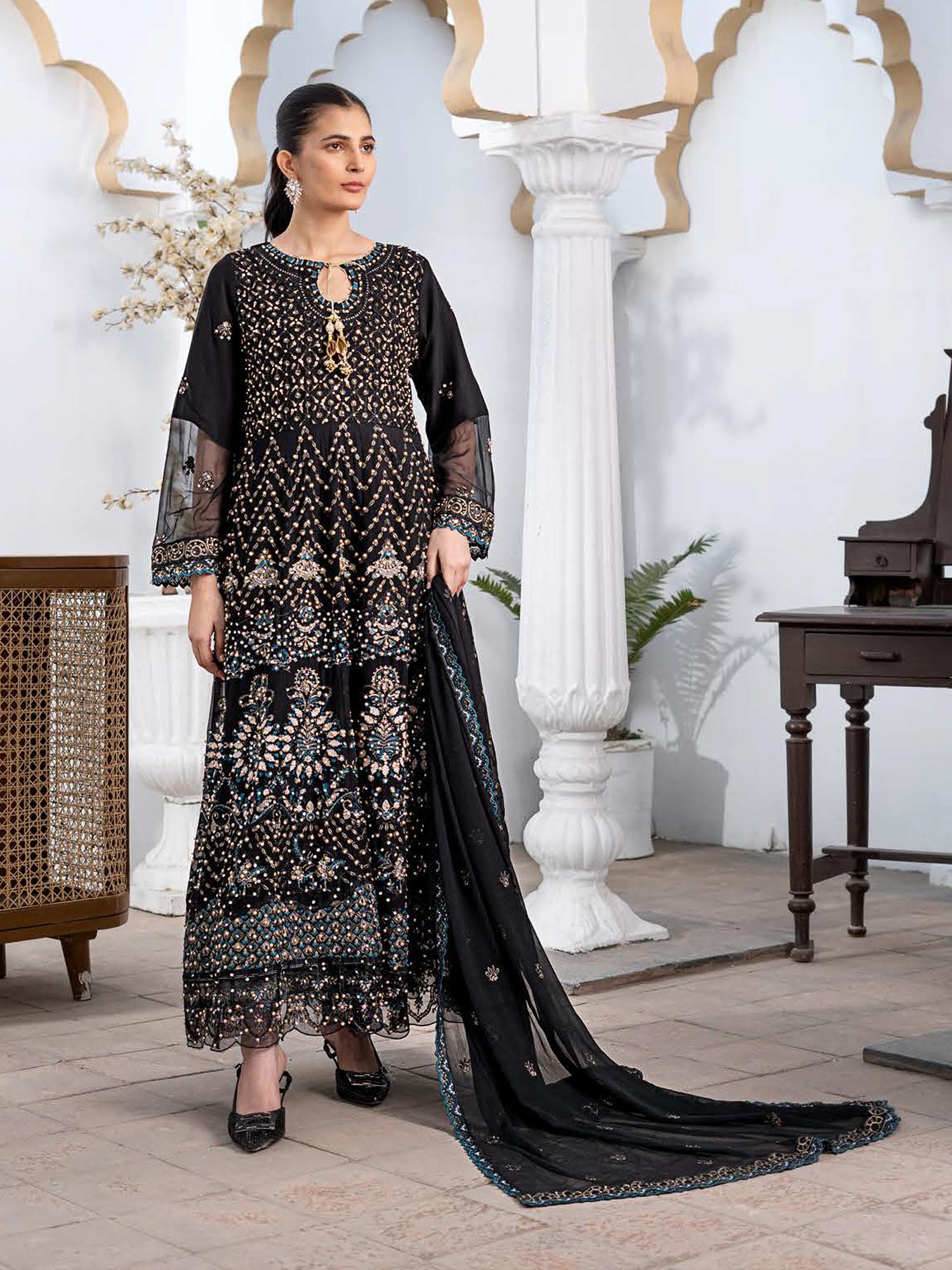 Rangz Luxury Embroidered Chiffon Long Frock 3pc Suit - Black