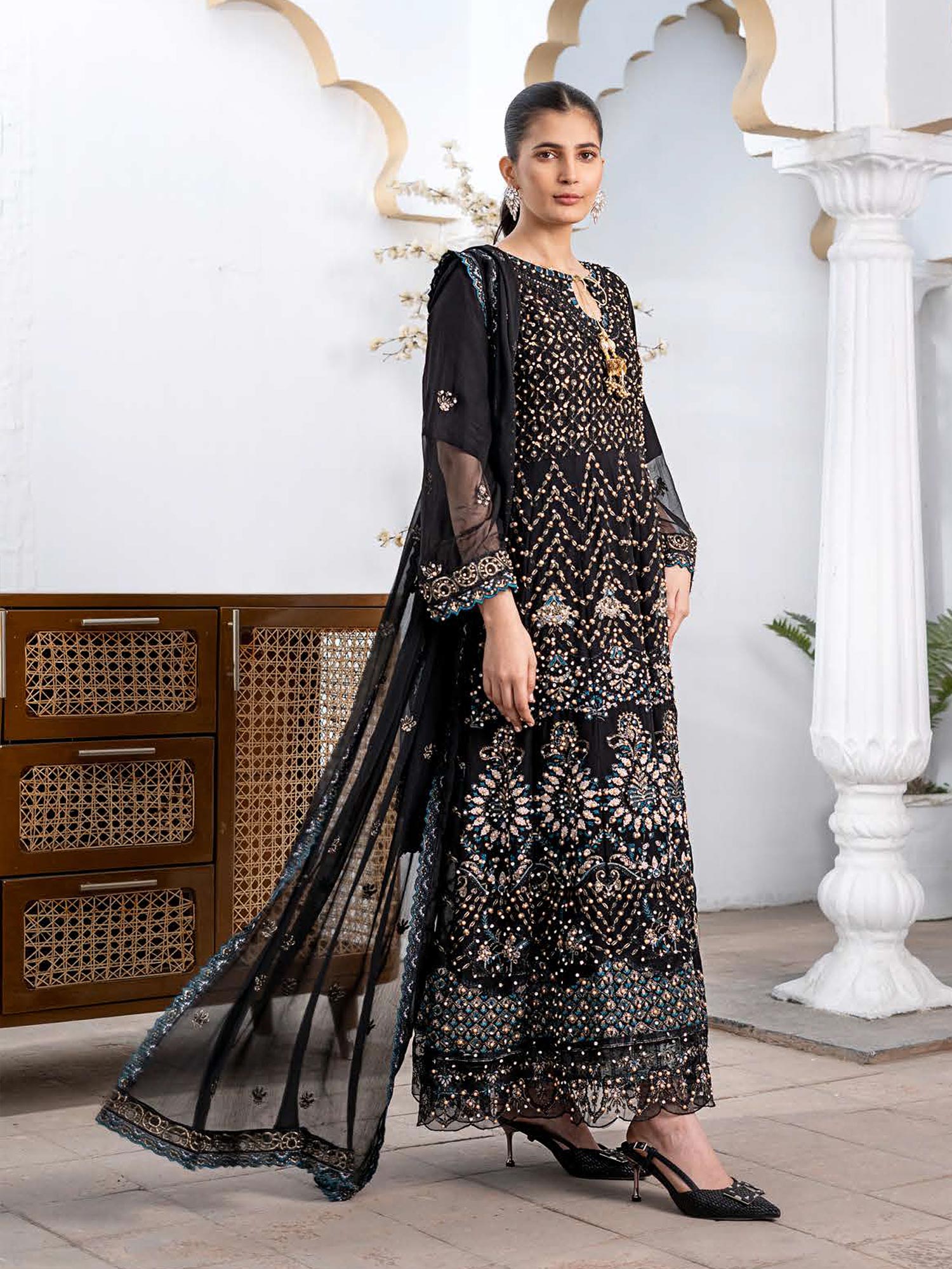 Rangz Luxury Embroidered Chiffon Long Frock 3pc Suit - Black