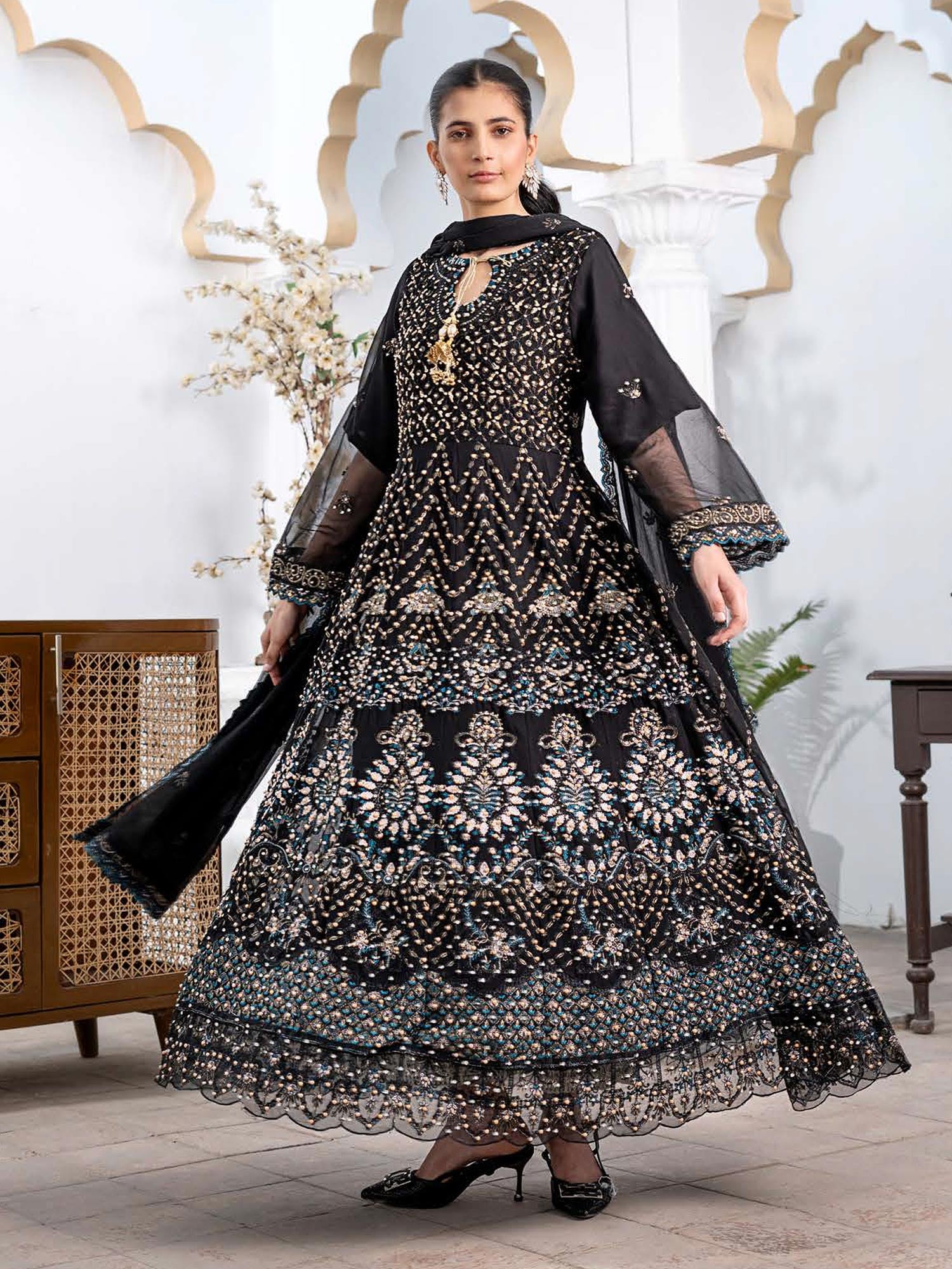 Rangz Luxury Embroidered Chiffon Long Frock 3pc Suit - Black
