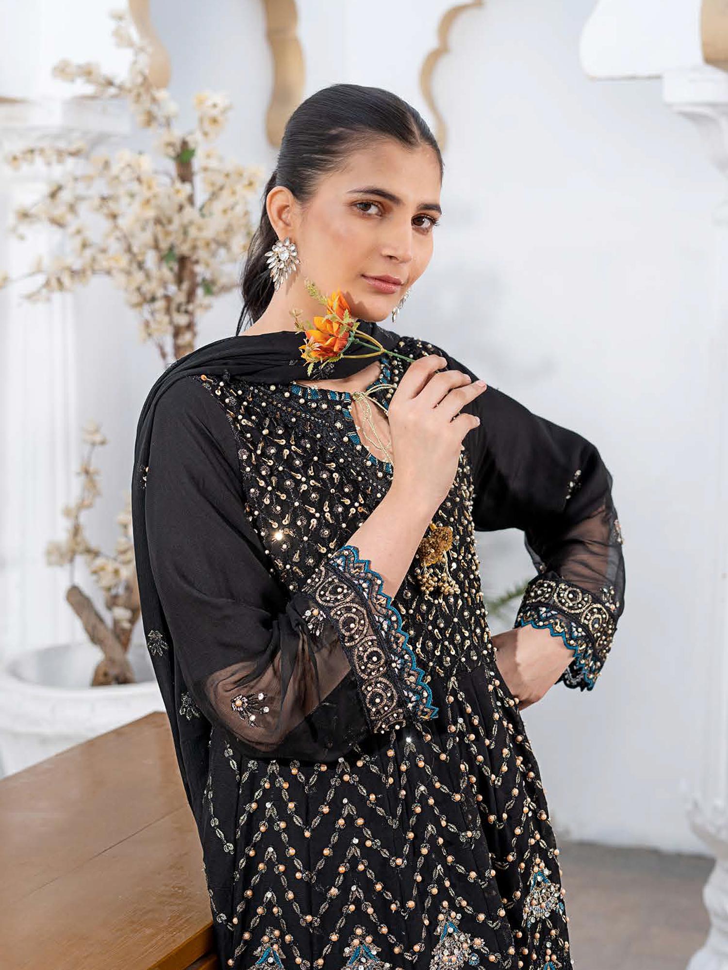 Rangz Luxury Embroidered Chiffon Long Frock 3pc Suit - Black
