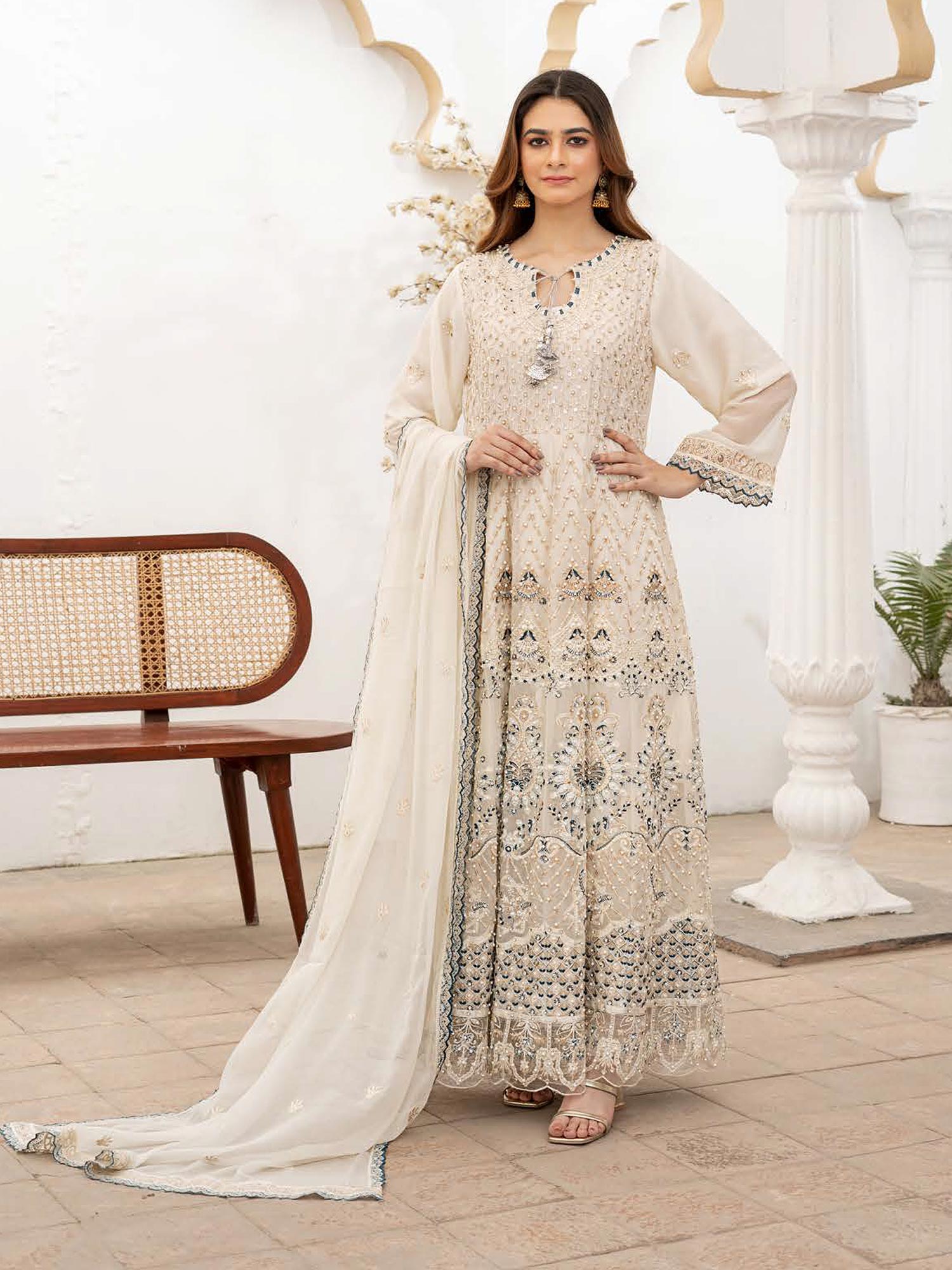 Rangz Luxury Embroidered Chiffon Long Frock 3pc Suit - Off-White