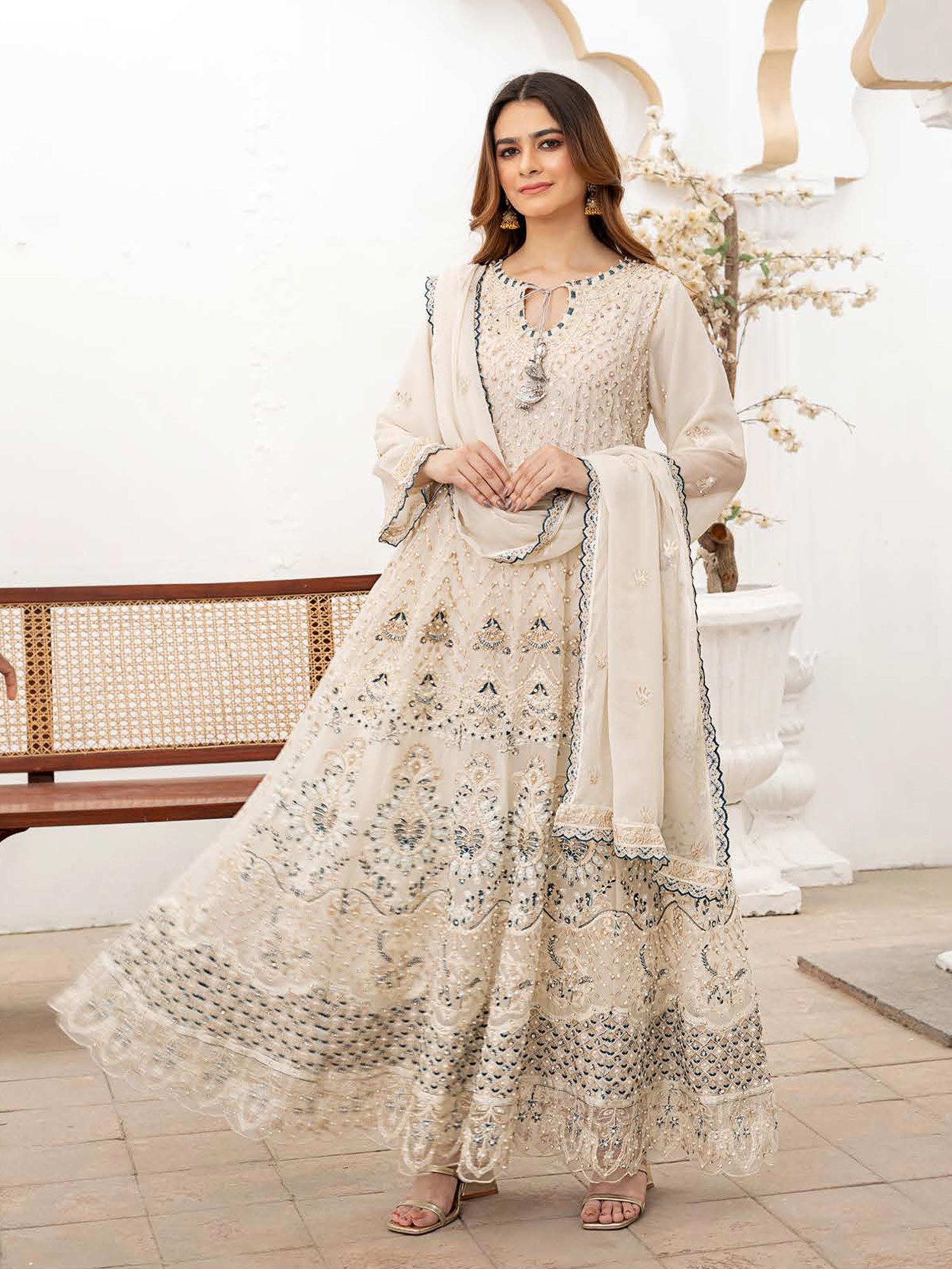 Rangz Luxury Embroidered Chiffon Long Frock 3pc Suit - Off-White