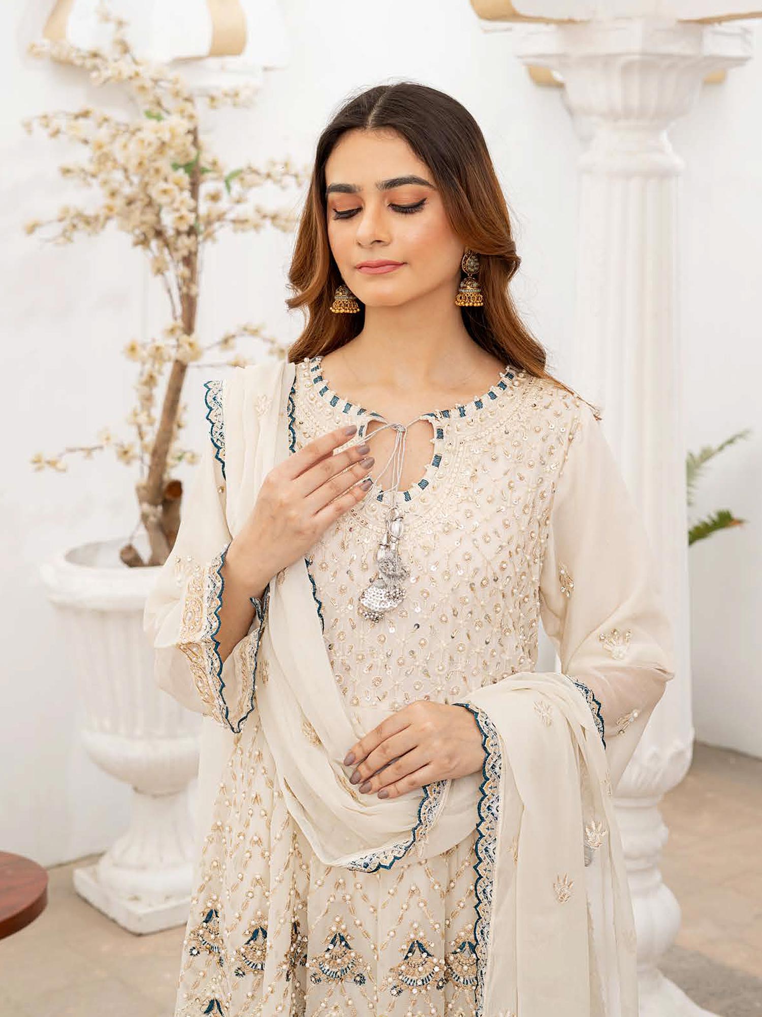 Rangz Luxury Embroidered Chiffon Long Frock 3pc Suit - Off-White