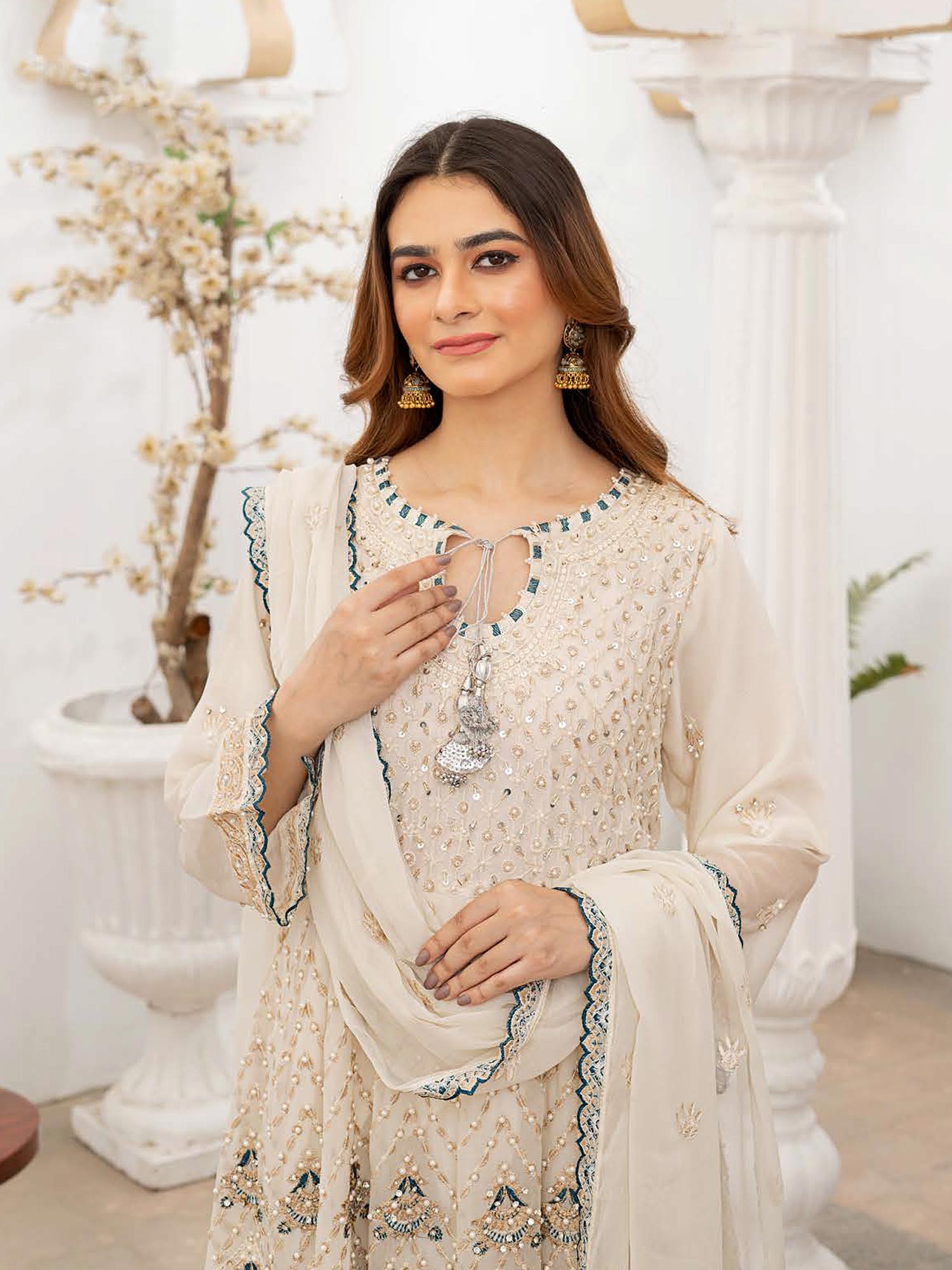 Rangz Luxury Embroidered Chiffon Long Frock 3pc Suit - Off-White