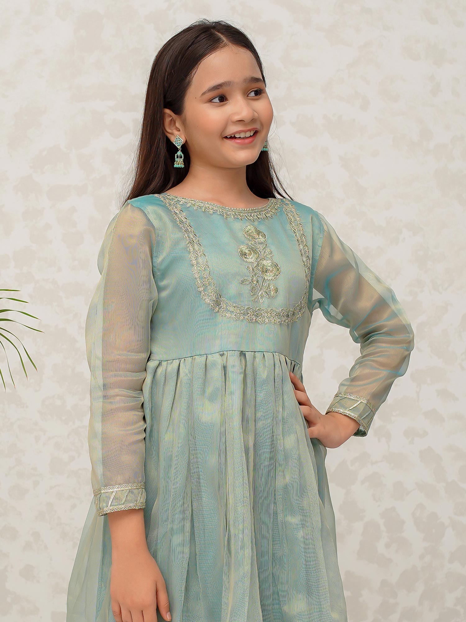 Kids Mint Green Masoori Frock Suit