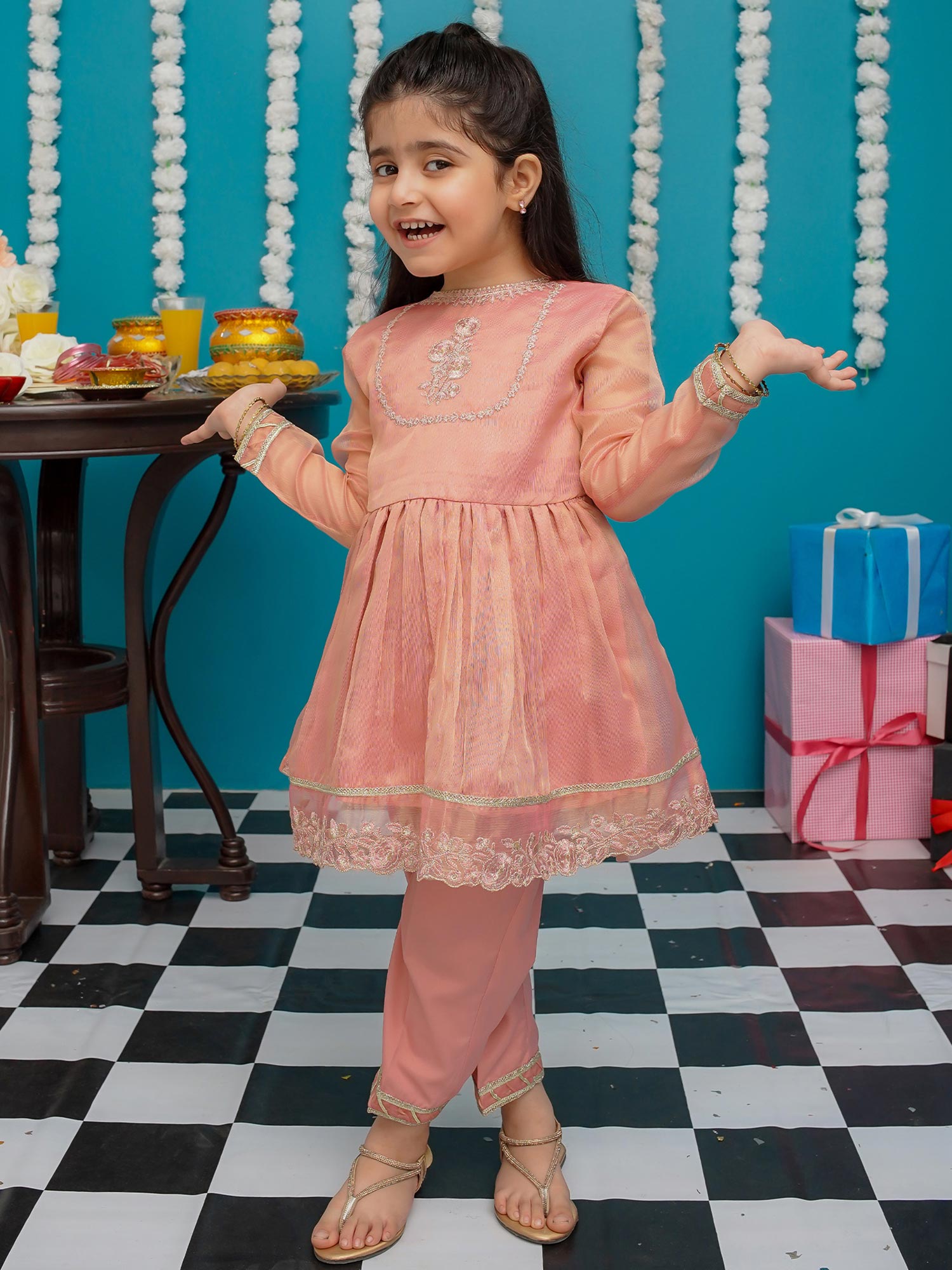 Kids Pink Masoori Frock Suit