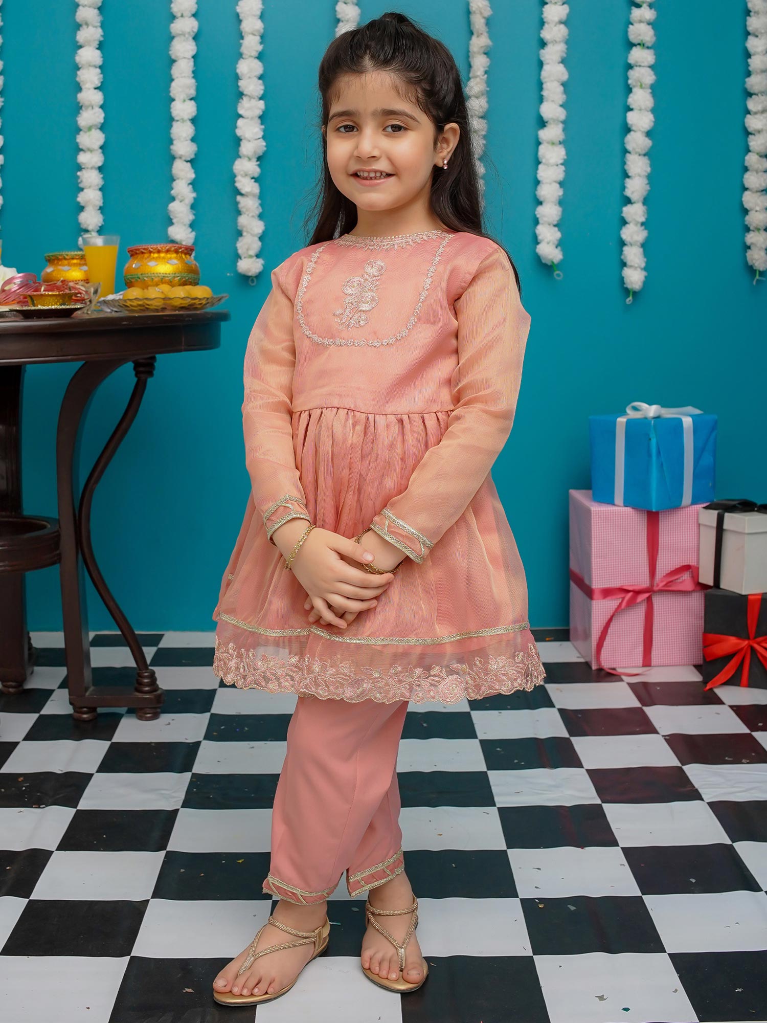 Kids Pink Masoori Frock Suit