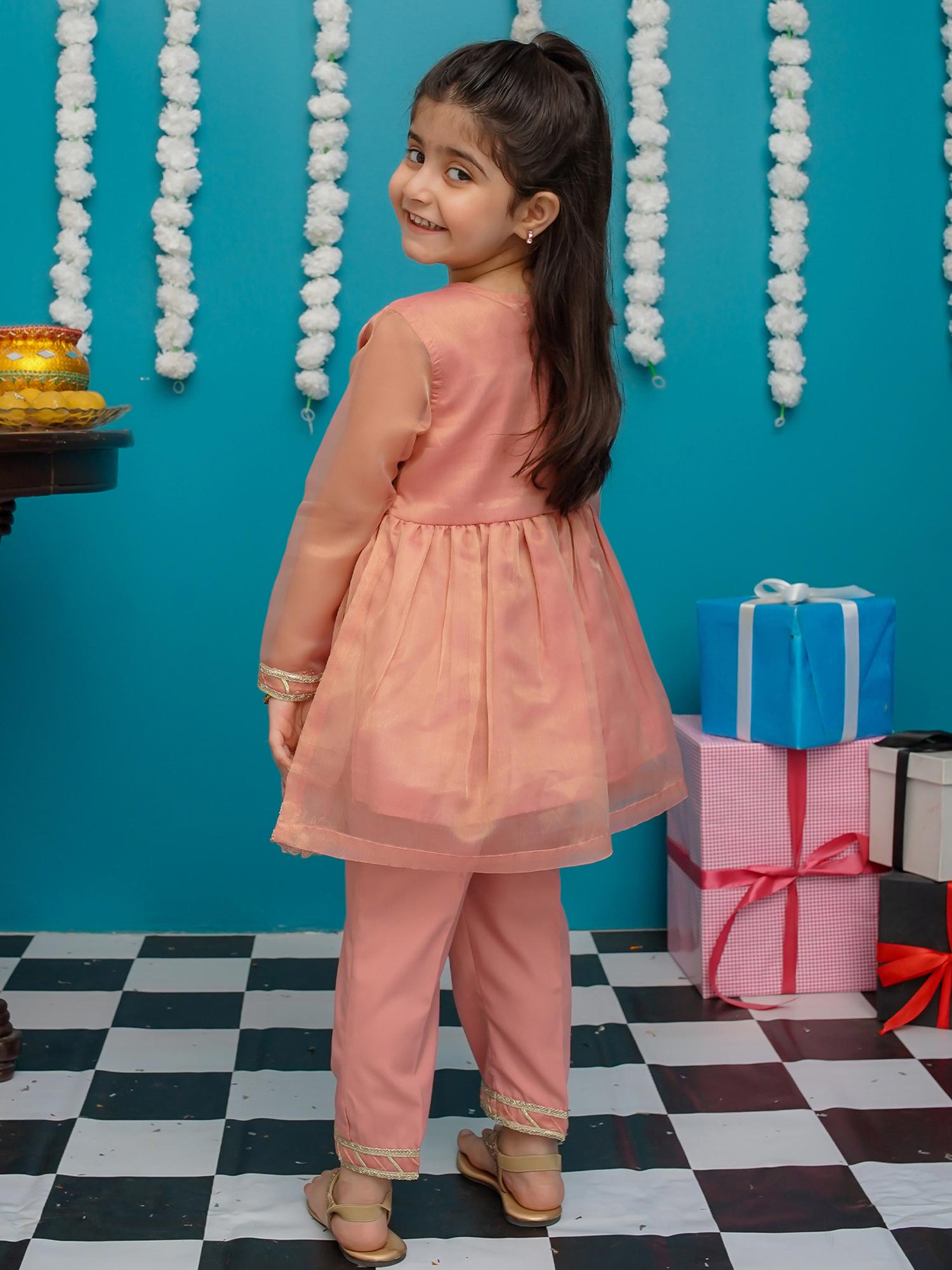Kids Pink Masoori Frock Suit