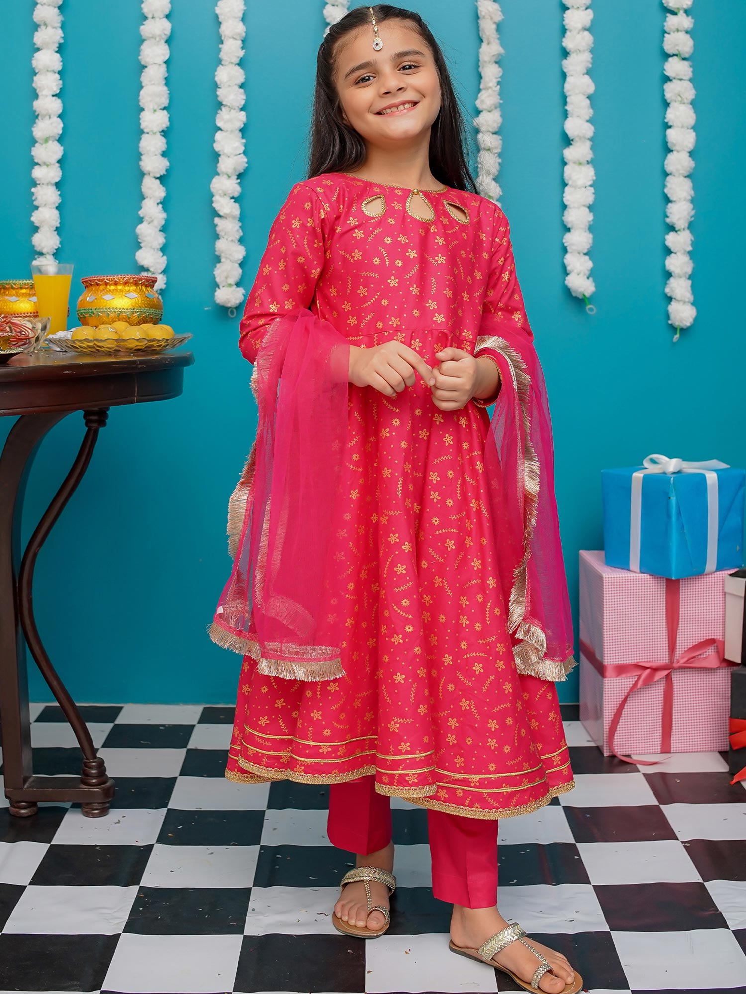Kids Cotton Pink Frock 3-Piece Suit