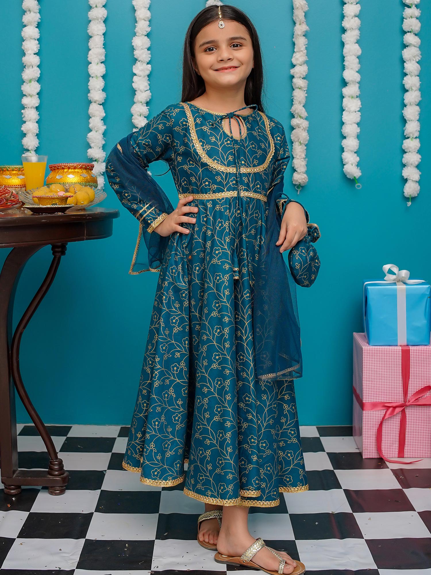 Kids Cotton Blue Frock 3-Piece Suit