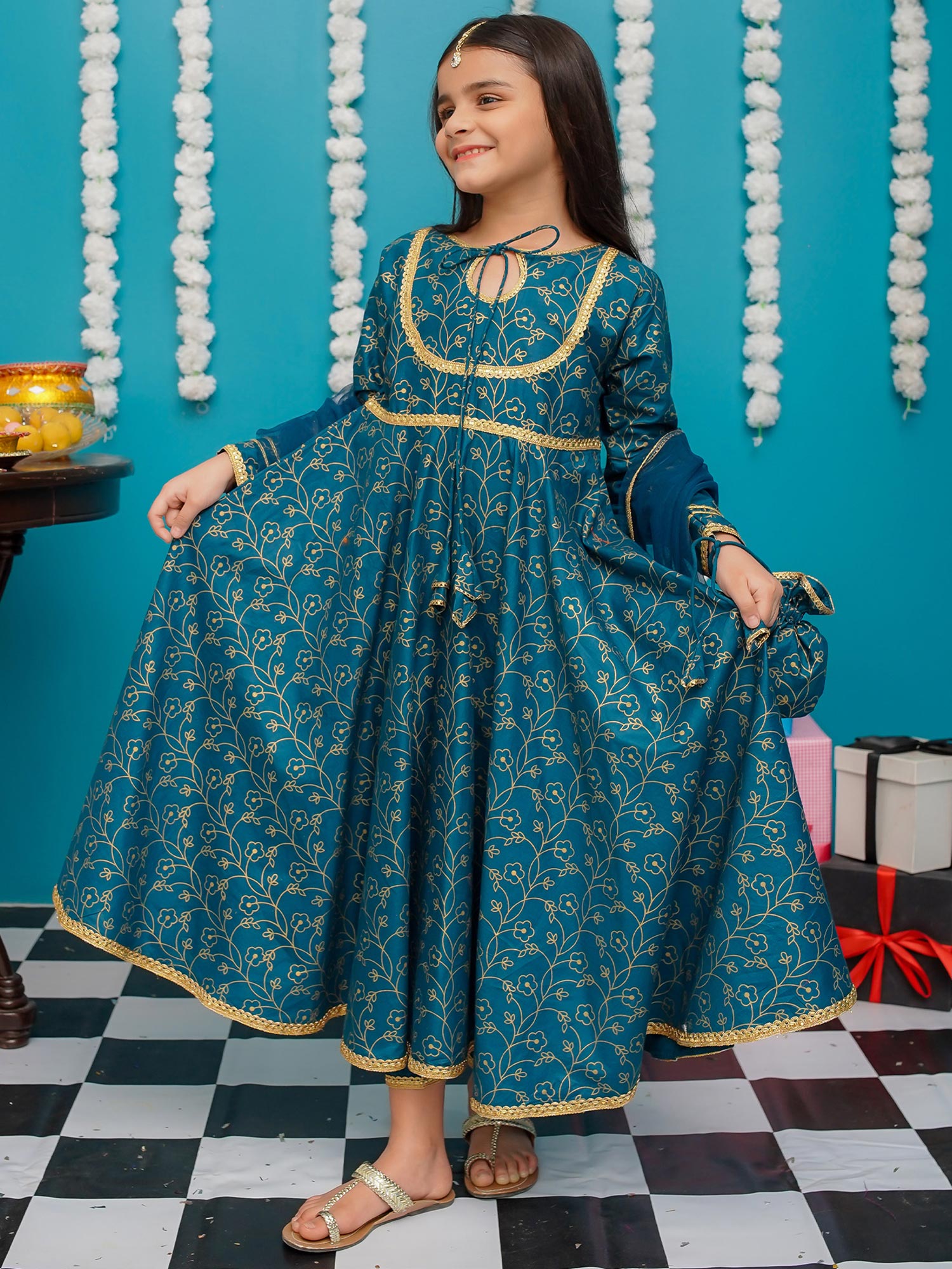 Kids Cotton Blue Frock 3-Piece Suit