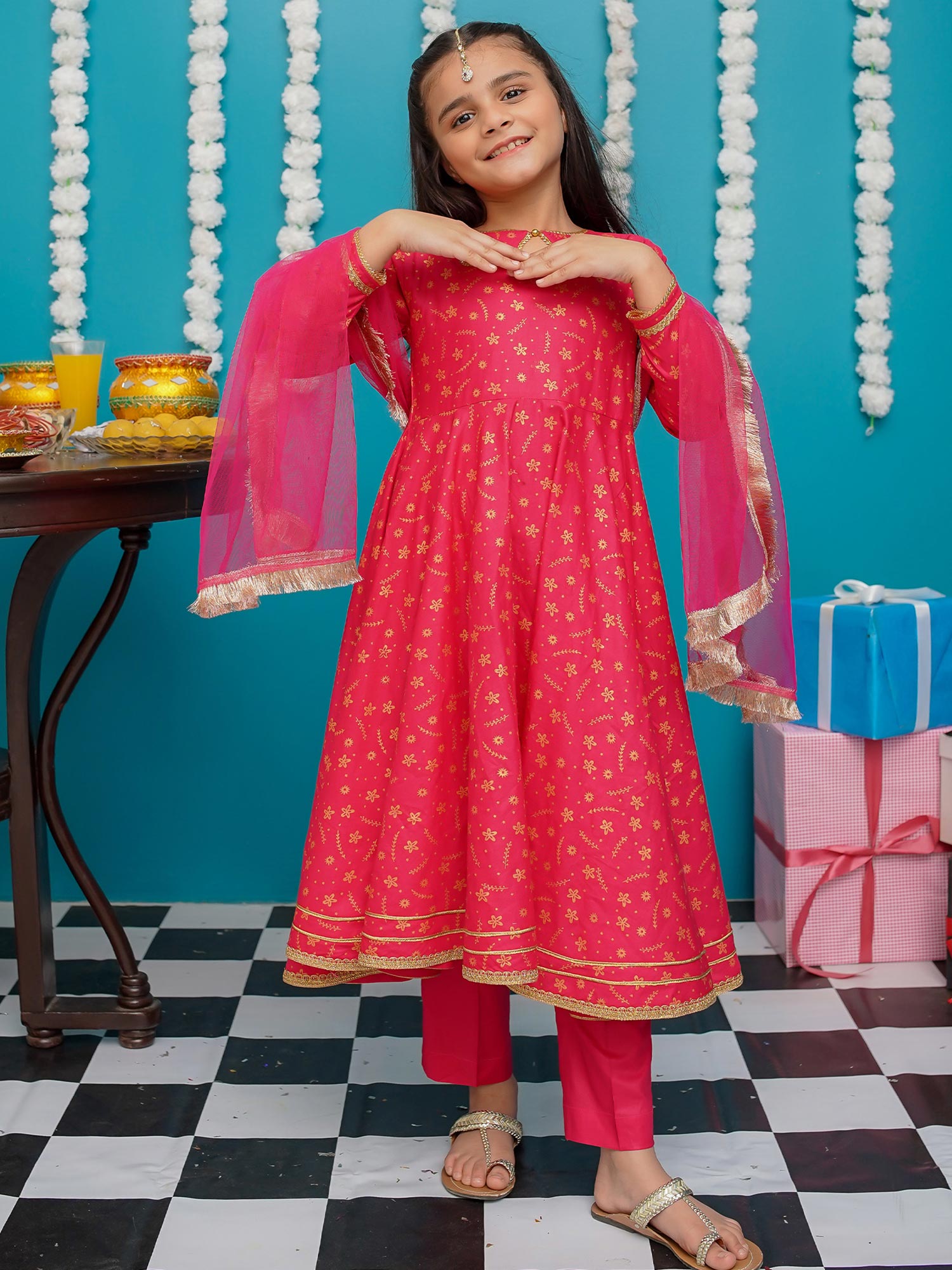 Kids Cotton Pink Frock 3-Piece Suit