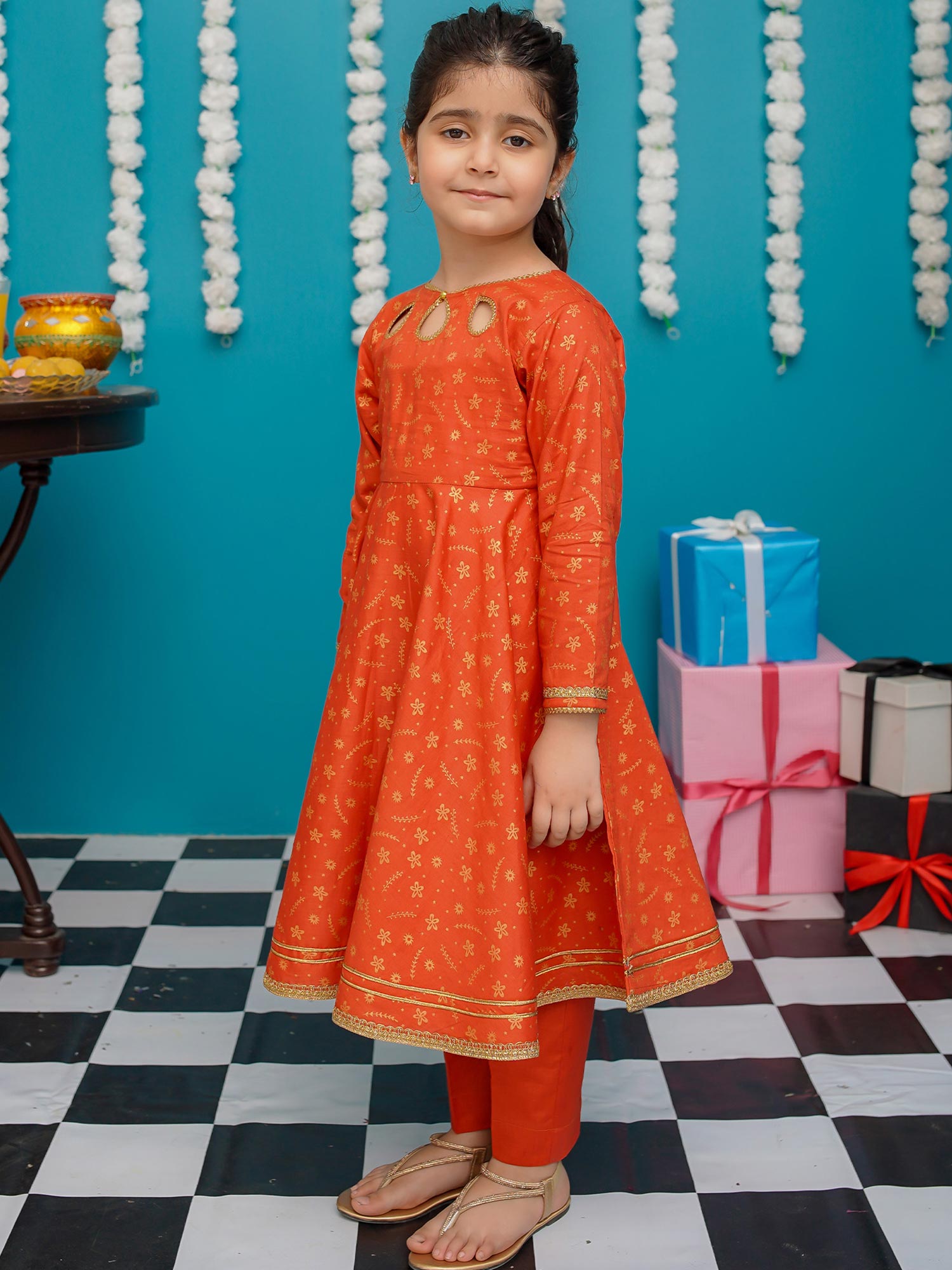 Kids Cotton Orange Frock 3-Piece Suit