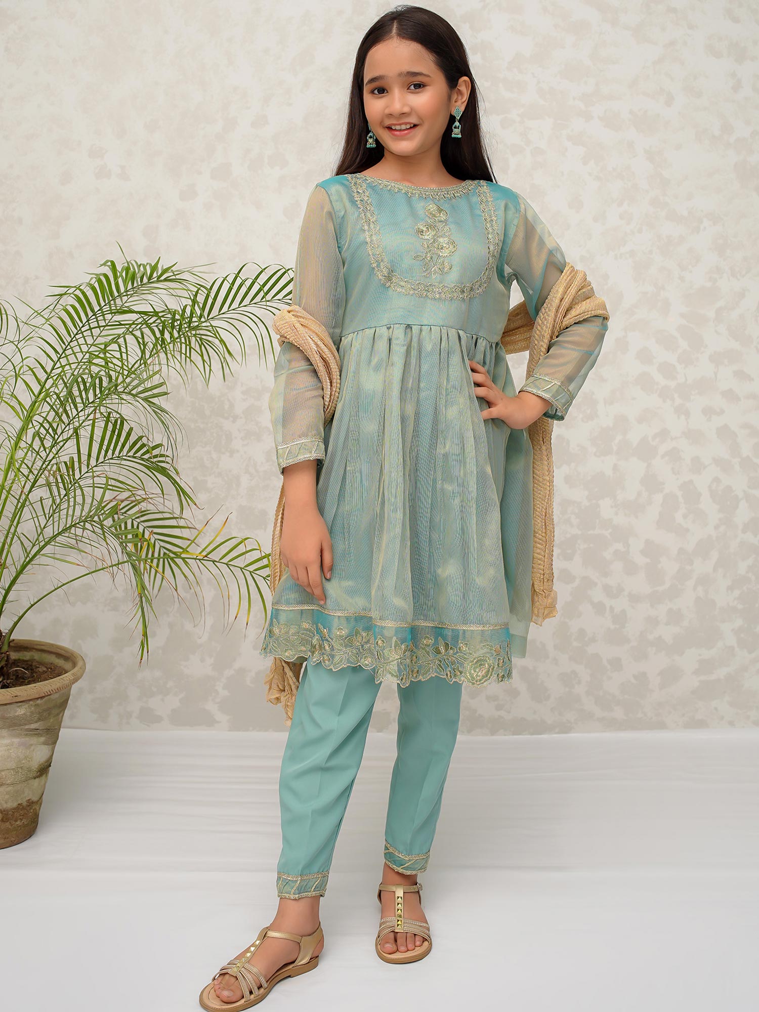 Kids Mint Green Masoori Frock Suit