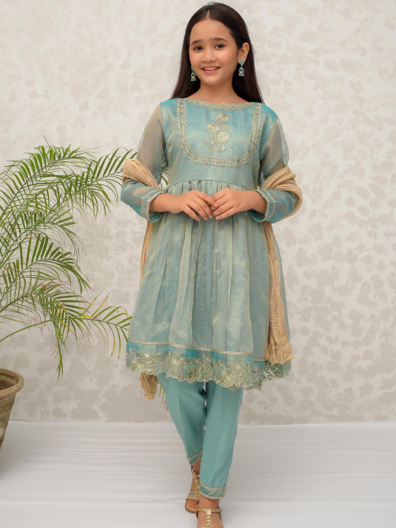 Kids Mint Green Masoori Frock Suit