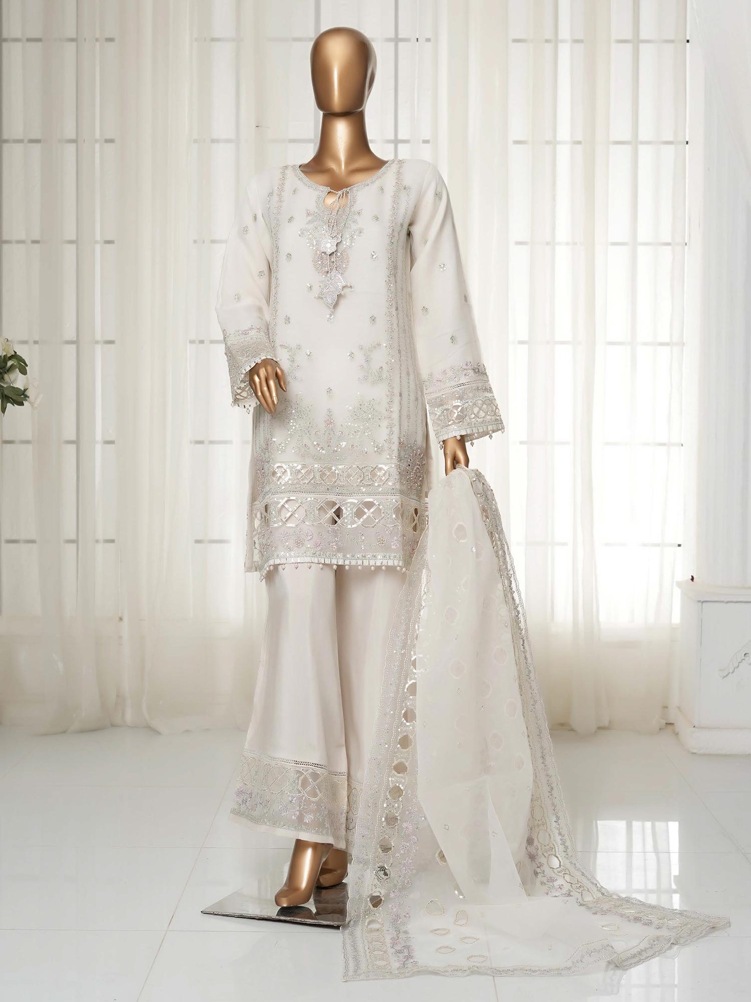 Sadabahar "Mahpara" Organza Embroidered Suit - White