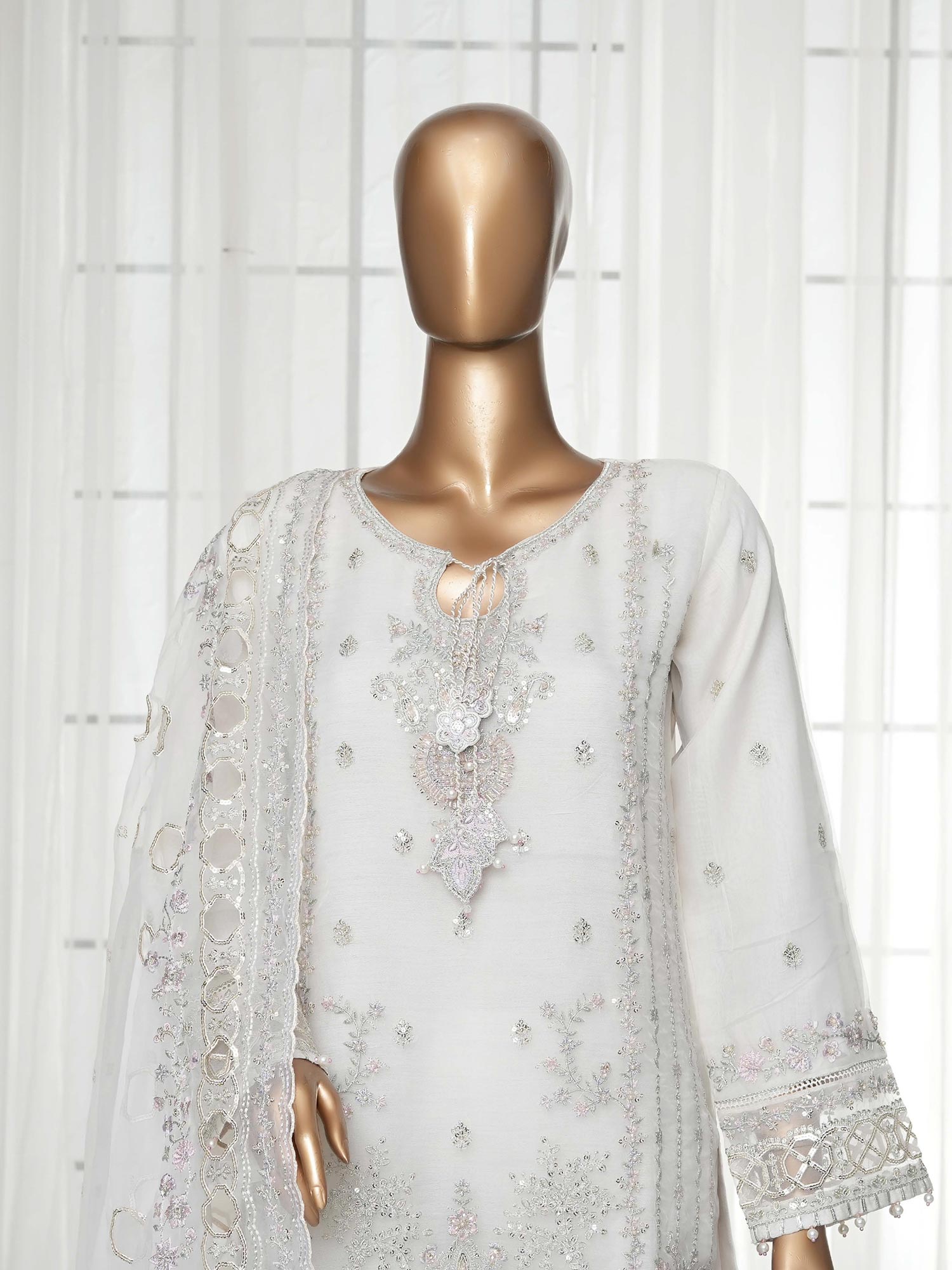 Sadabahar "Mahpara" Organza Embroidered Suit - White