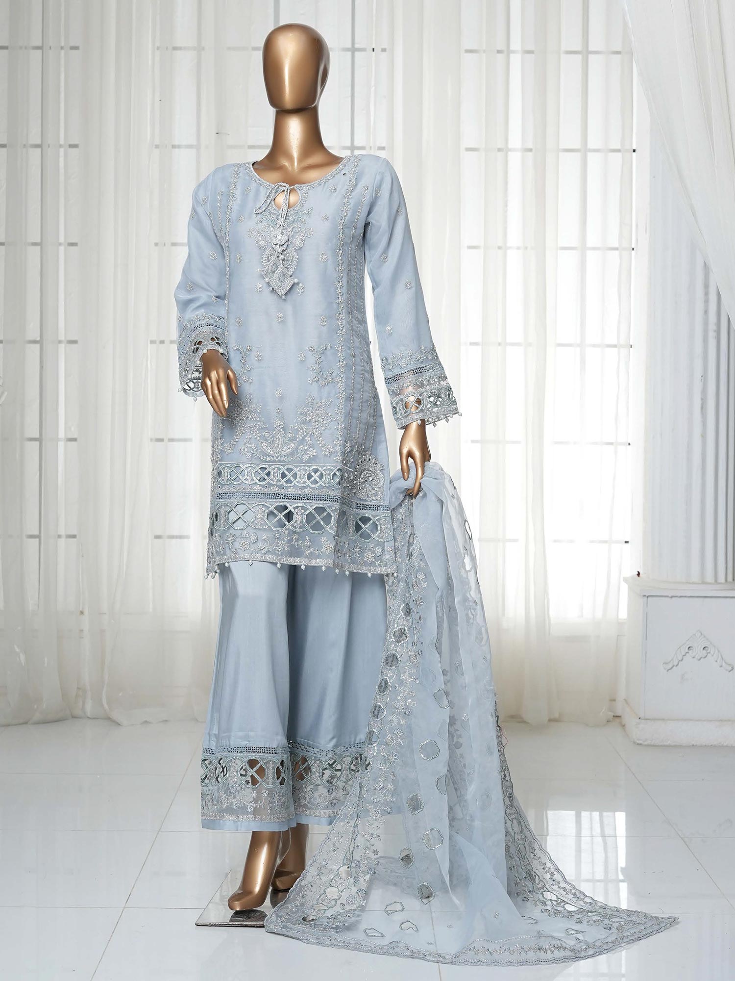 Sadabahar "Mahpara" Organza Embroidered Suit - Blue
