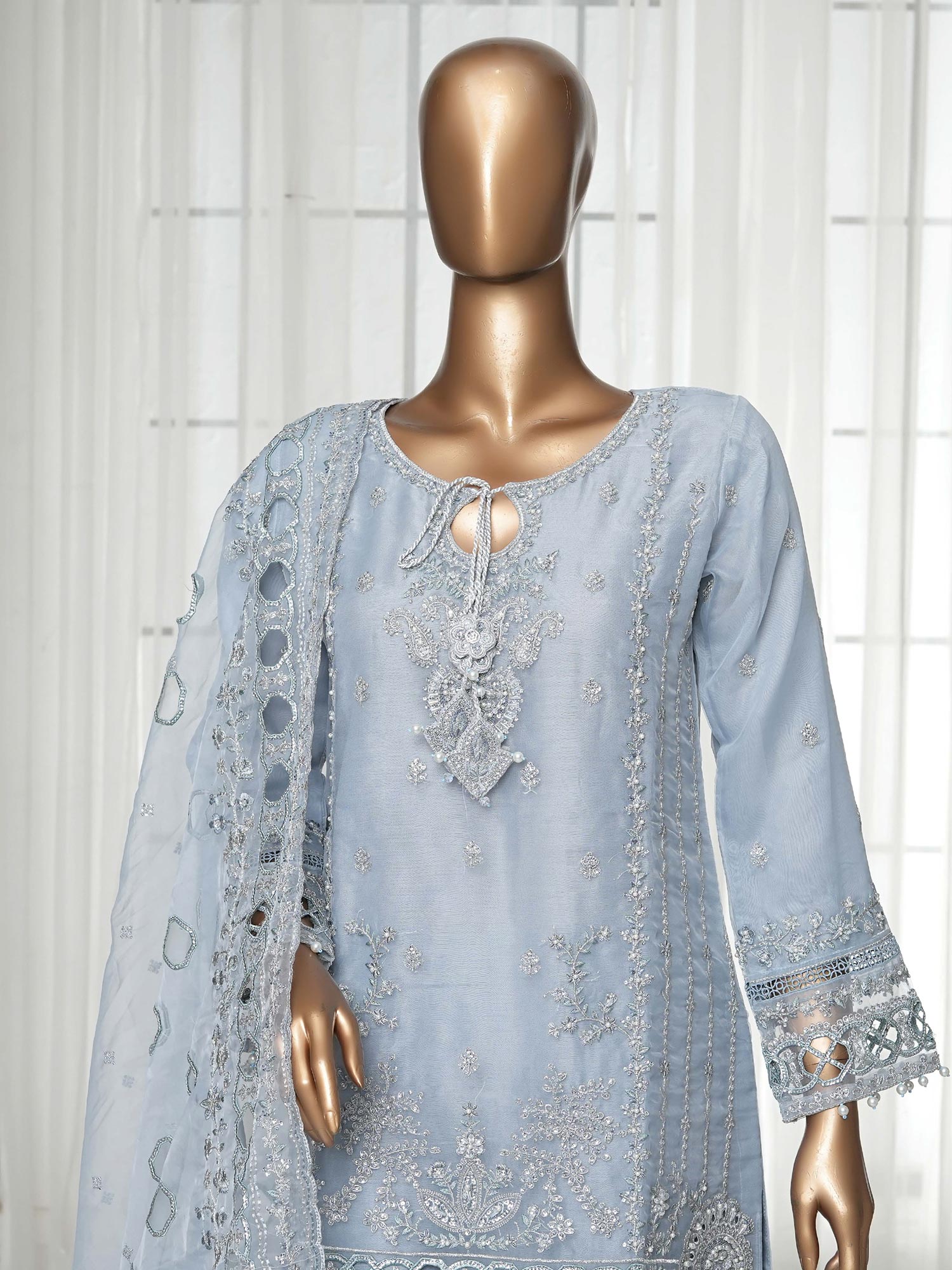 Sadabahar "Mahpara" Organza Embroidered Suit - Blue