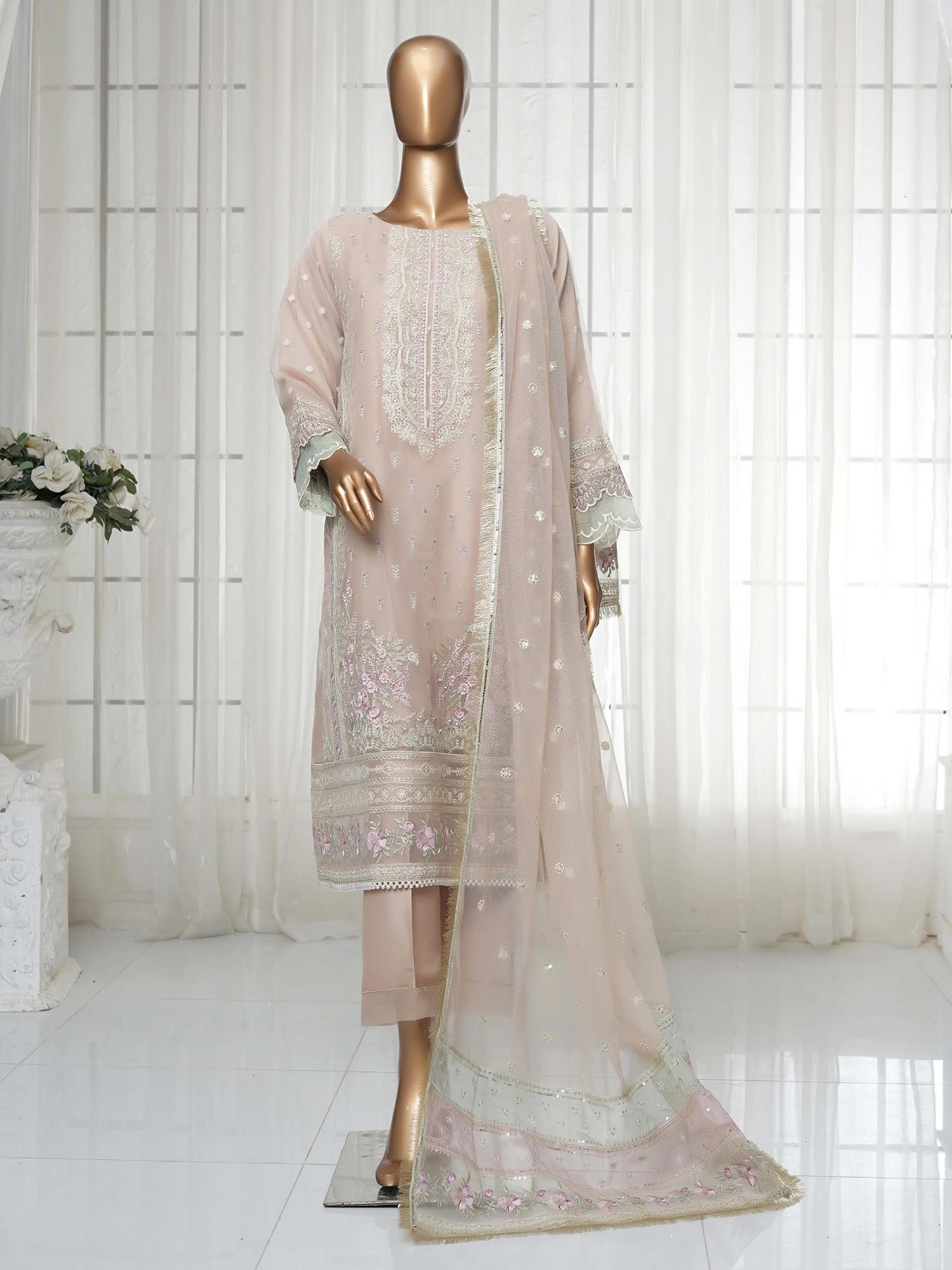 Sadabahar "Mahpara" Organza Embroidered Suit - Peach