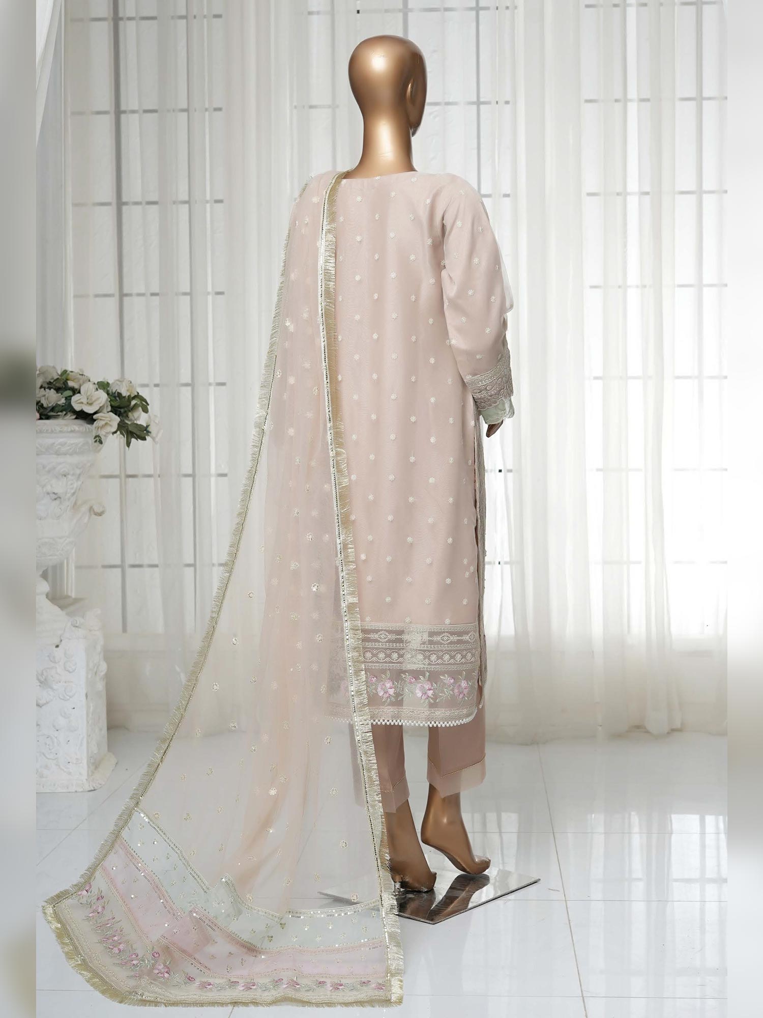 Sadabahar "Mahpara" Organza Embroidered Suit - Peach