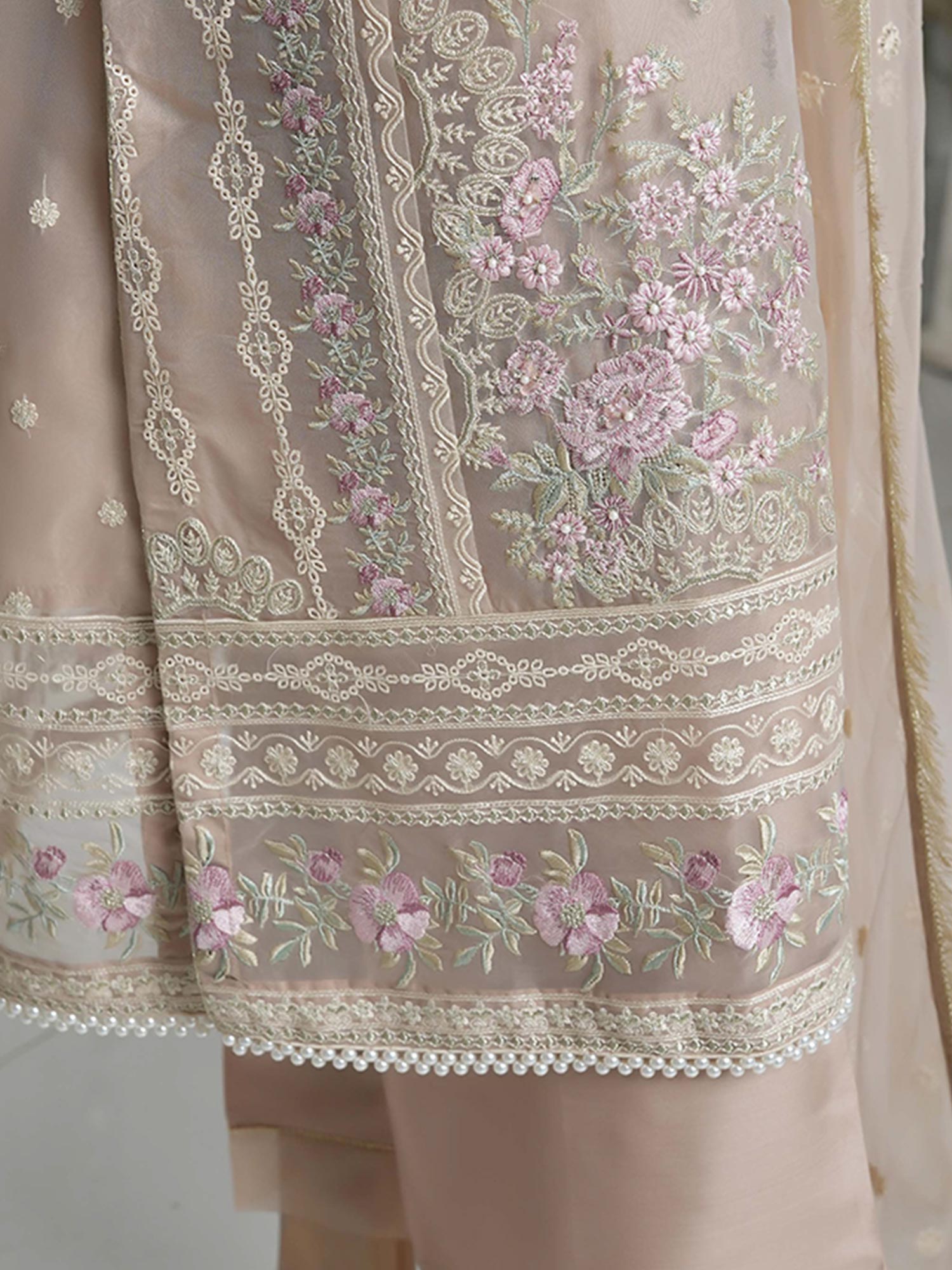 Sadabahar "Mahpara" Organza Embroidered Suit - Peach