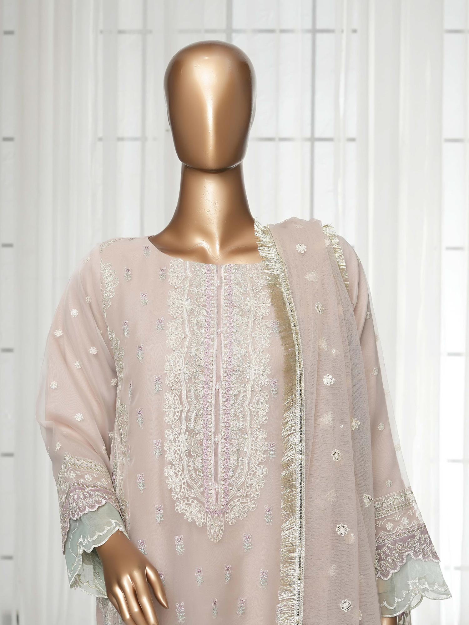 Sadabahar "Mahpara" Organza Embroidered Suit - Peach