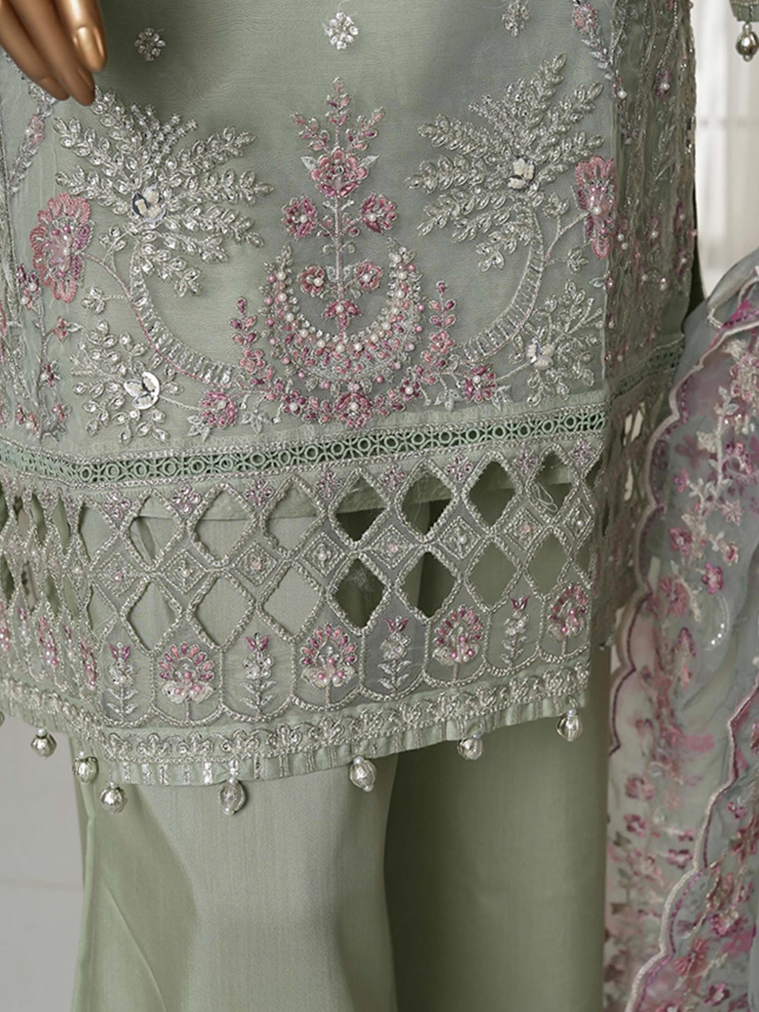 Sadabahar "Mahpara" Organza Embroidered Suit - Green