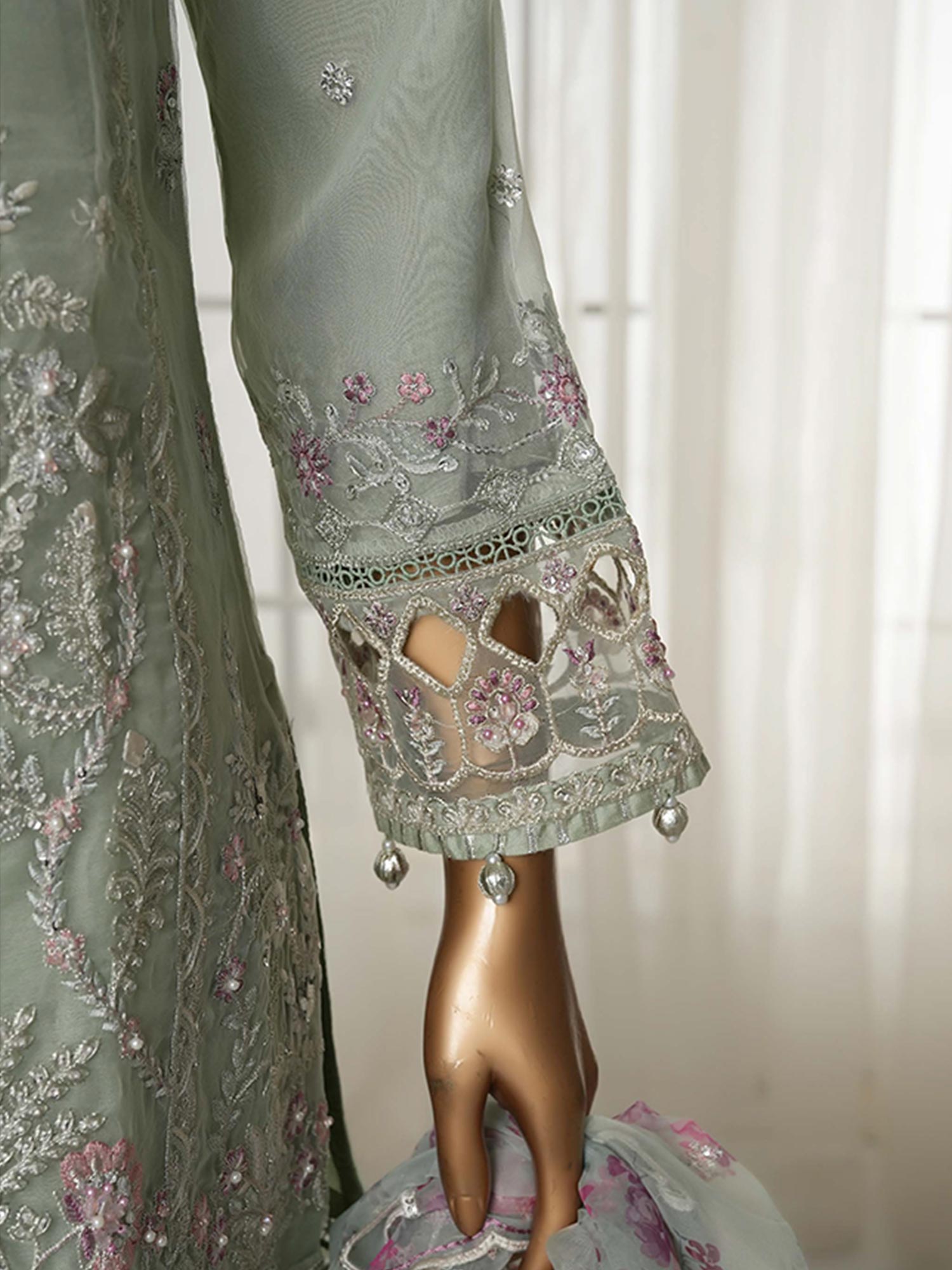 Sadabahar "Mahpara" Organza Embroidered Suit - Green