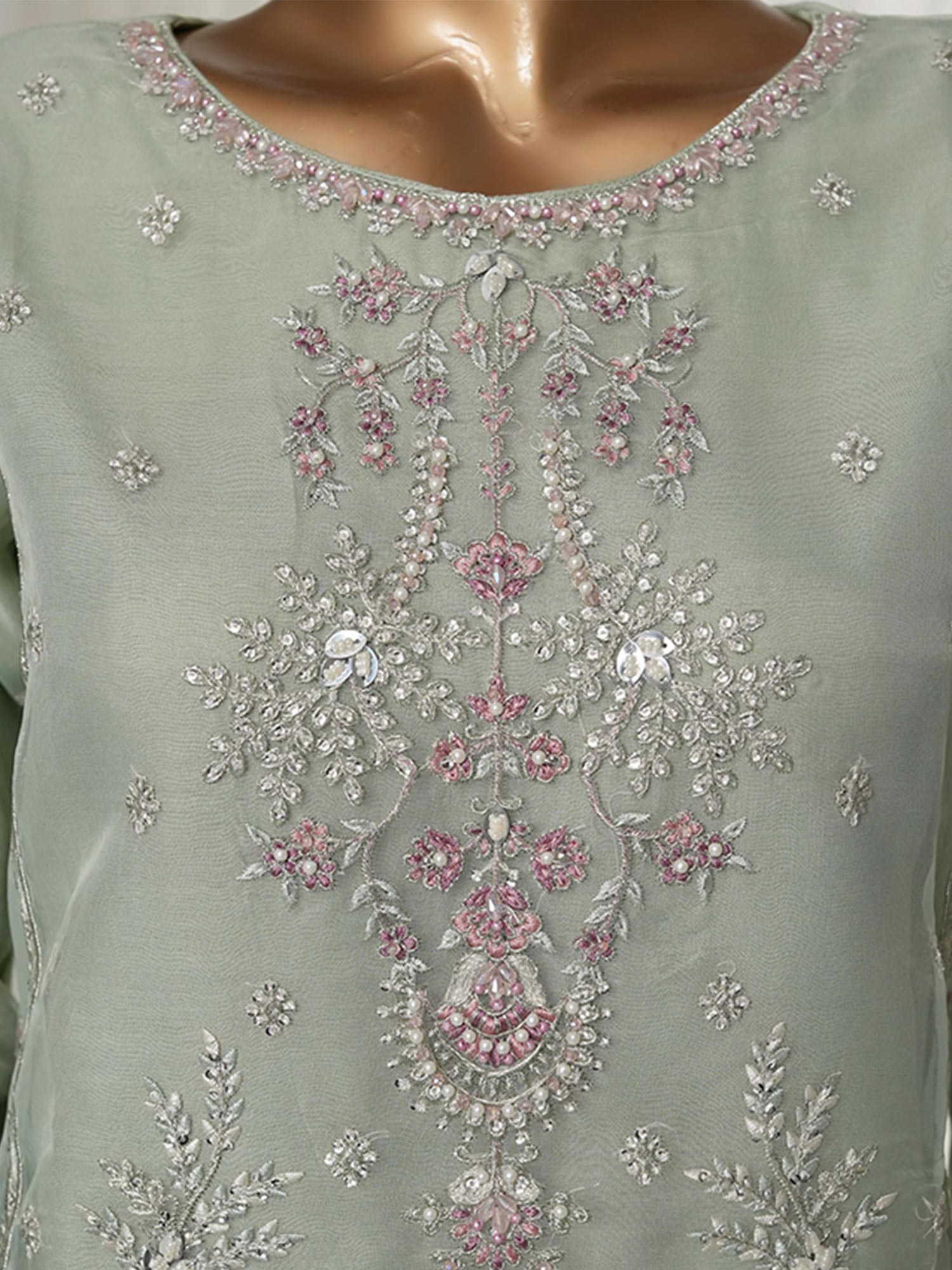 Sadabahar "Mahpara" Organza Embroidered Suit - Green