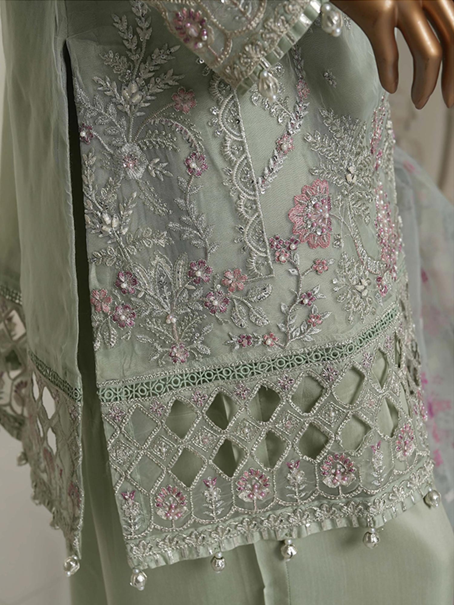 Sadabahar "Mahpara" Organza Embroidered Suit - Green
