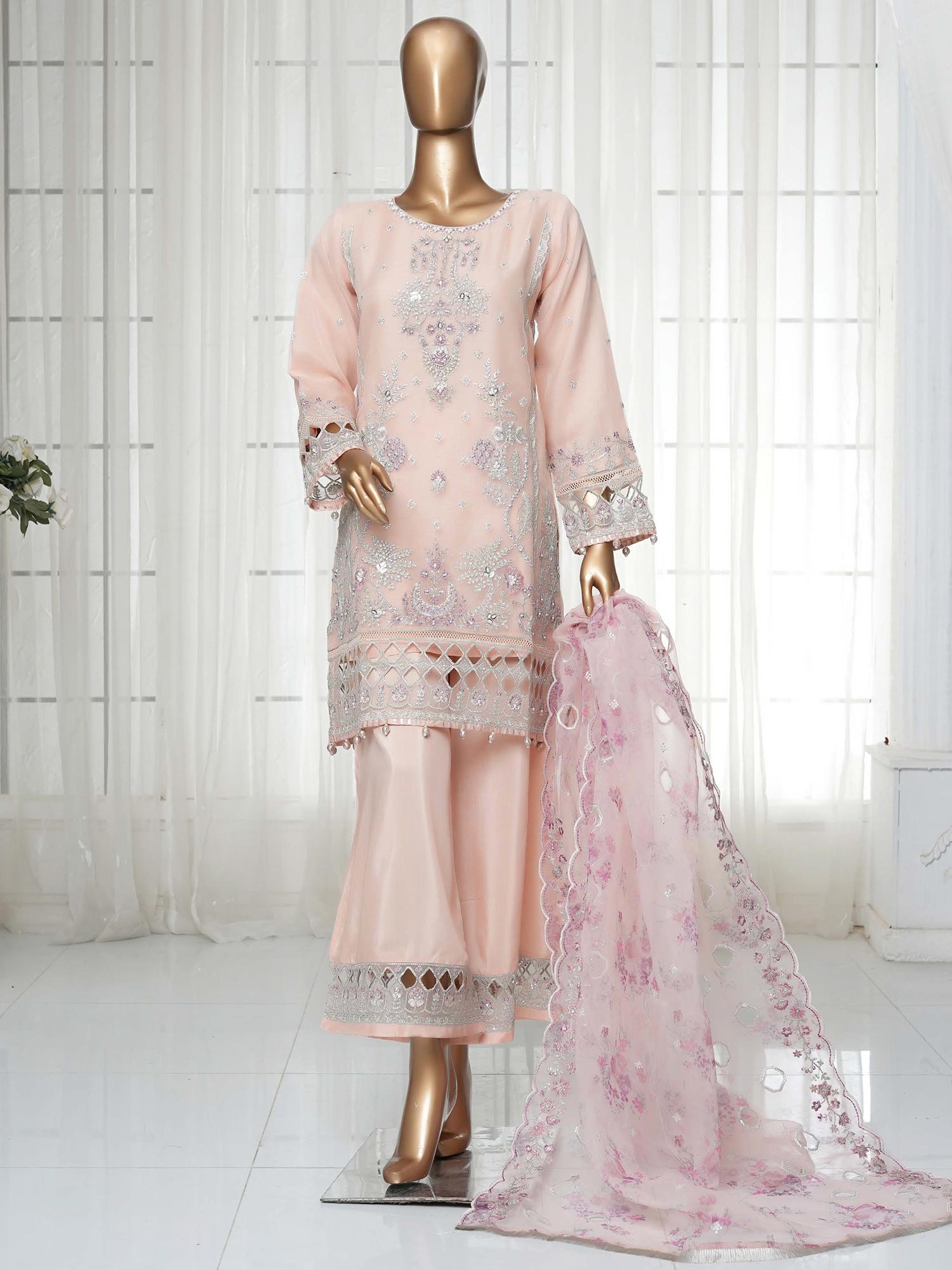 Sadabahar "Mahpara" Organza Embroidered Suit - Peach