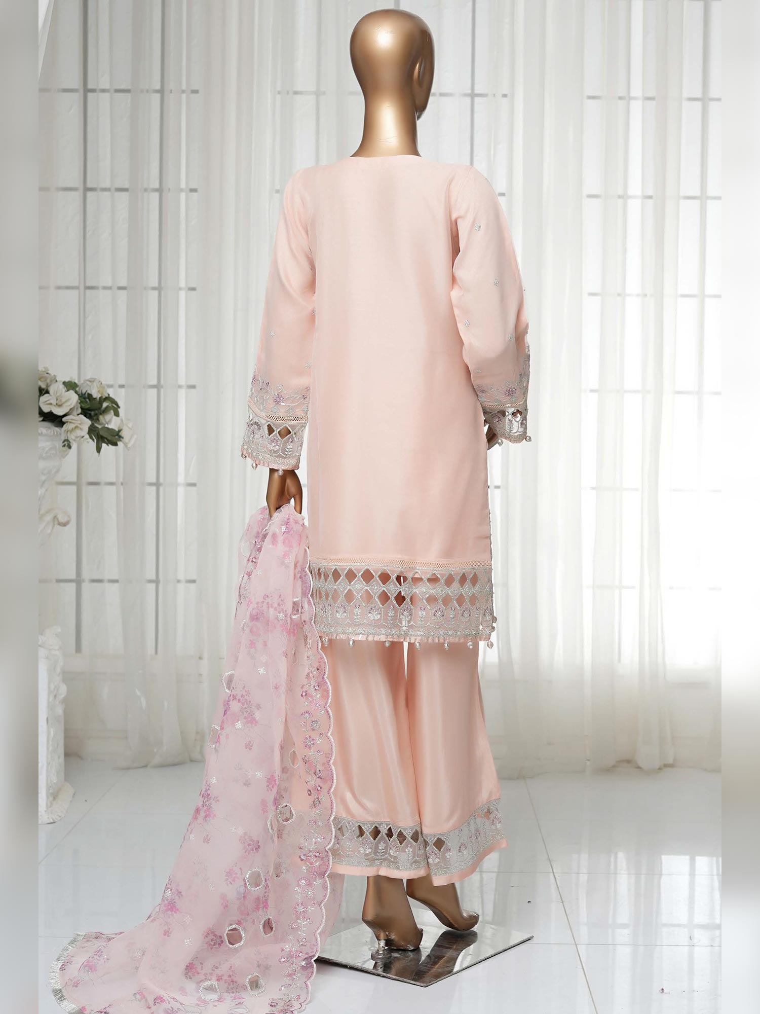 Sadabahar "Mahpara" Organza Embroidered Suit - Peach