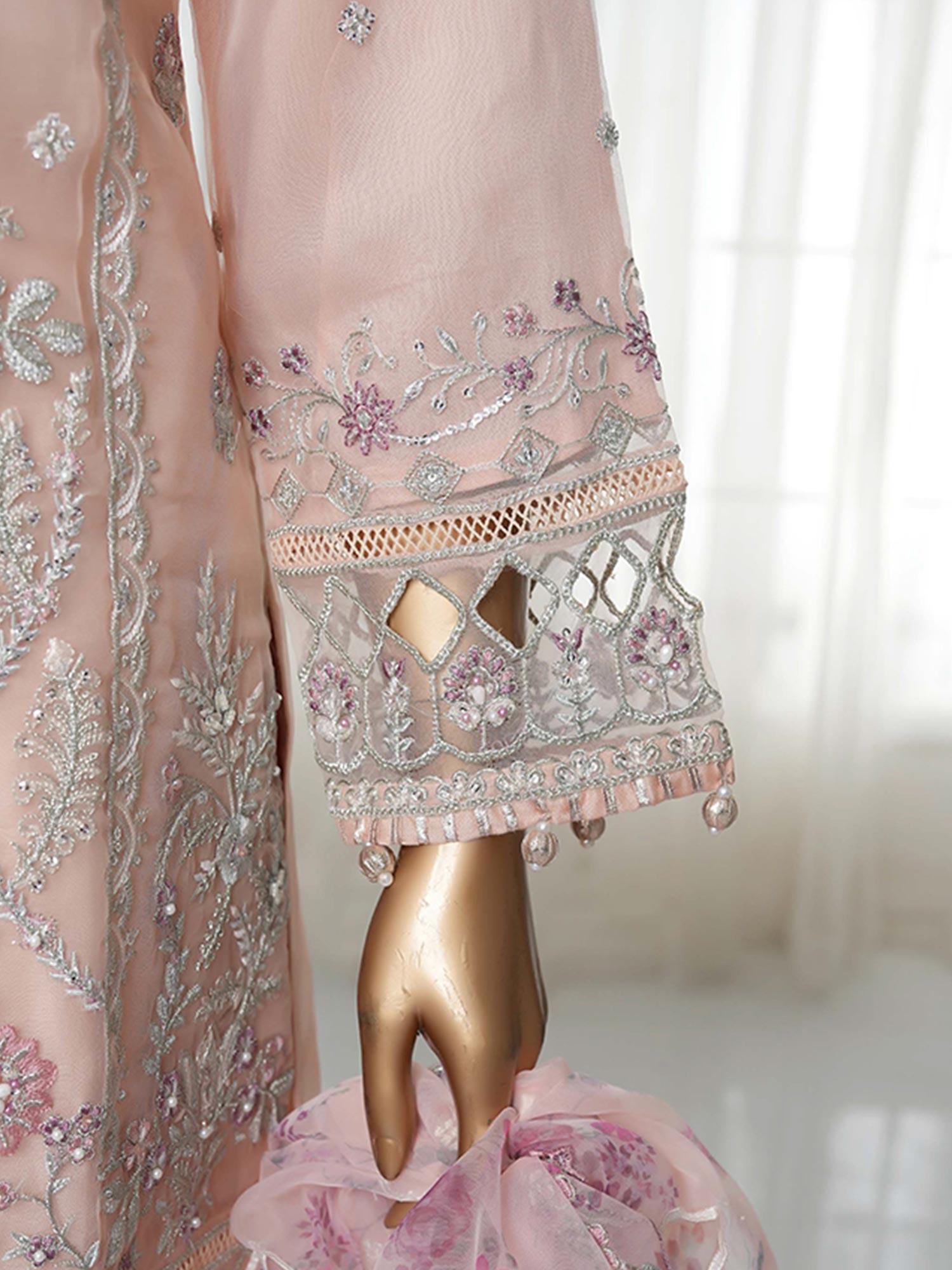 Sadabahar "Mahpara" Organza Embroidered Suit - Peach