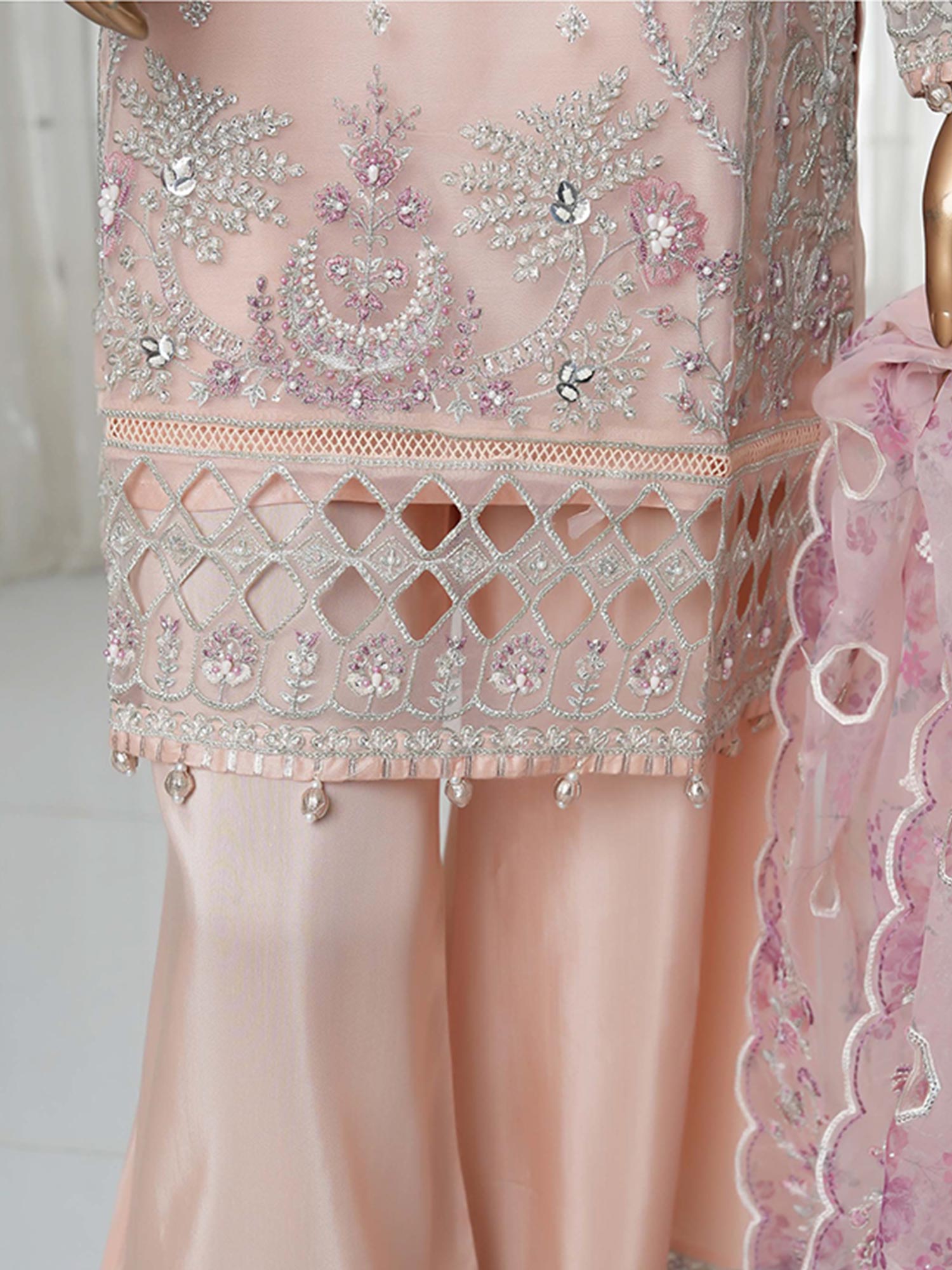 Sadabahar "Mahpara" Organza Embroidered Suit - Peach