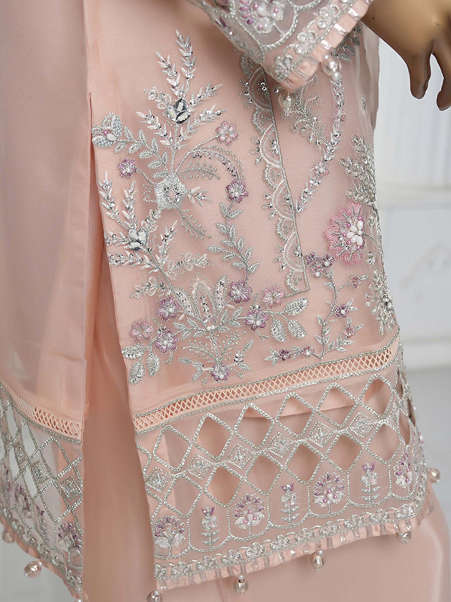 Sadabahar "Mahpara" Organza Embroidered Suit - Peach