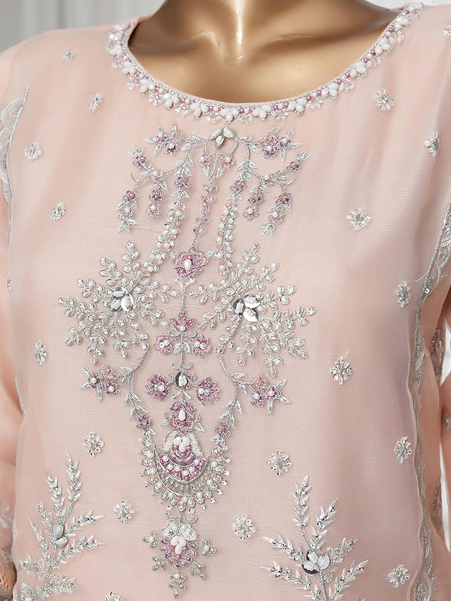 Sadabahar "Mahpara" Organza Embroidered Suit - Peach