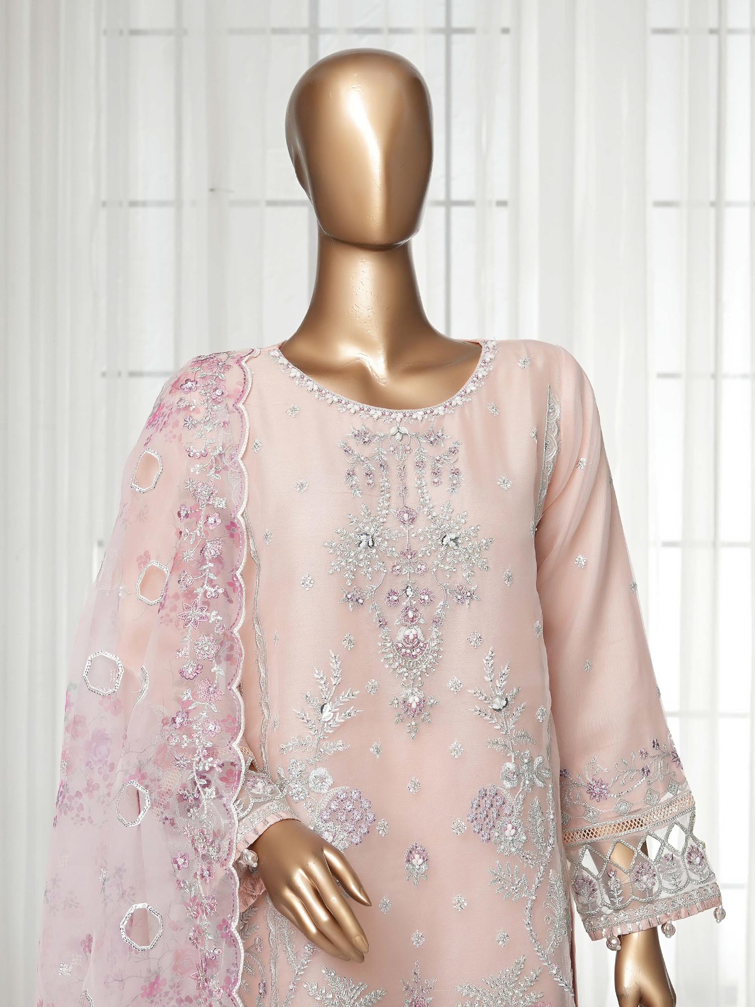 Sadabahar "Mahpara" Organza Embroidered Suit - Peach