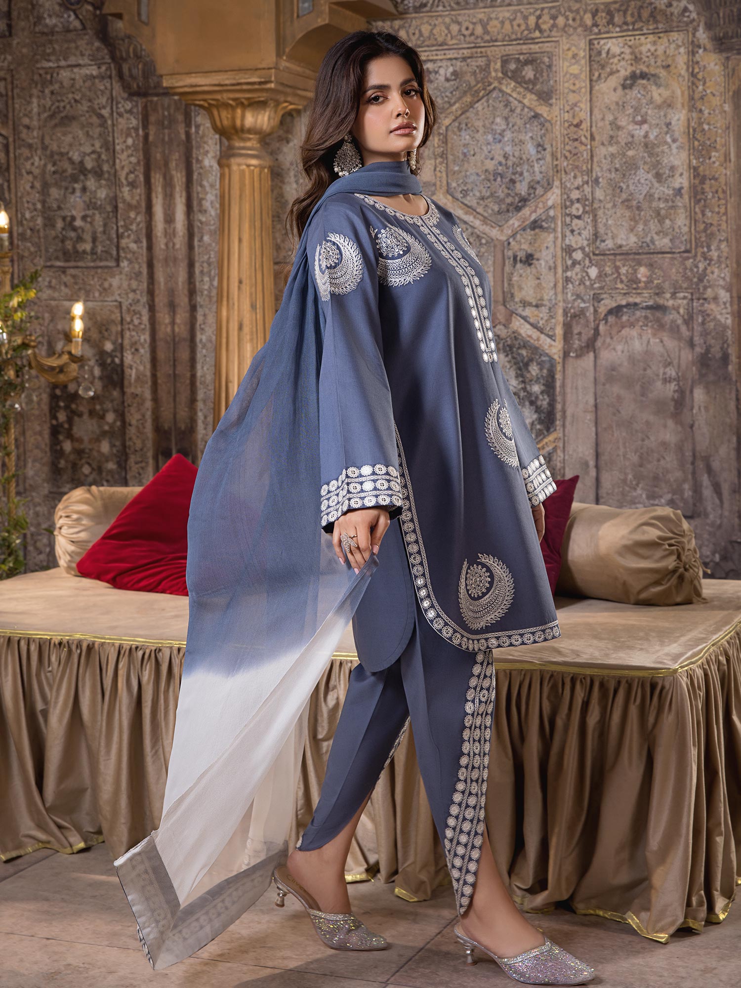 Heera's Blue-Grey Luxury Embroidered 3-Piece Suit