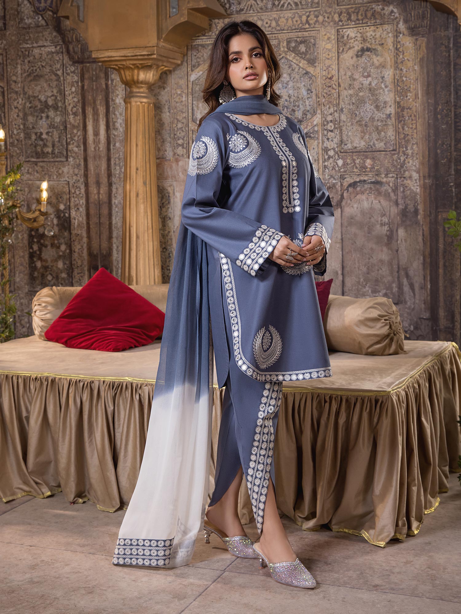Heera's Blue-Grey Luxury Embroidered 3-Piece Suit