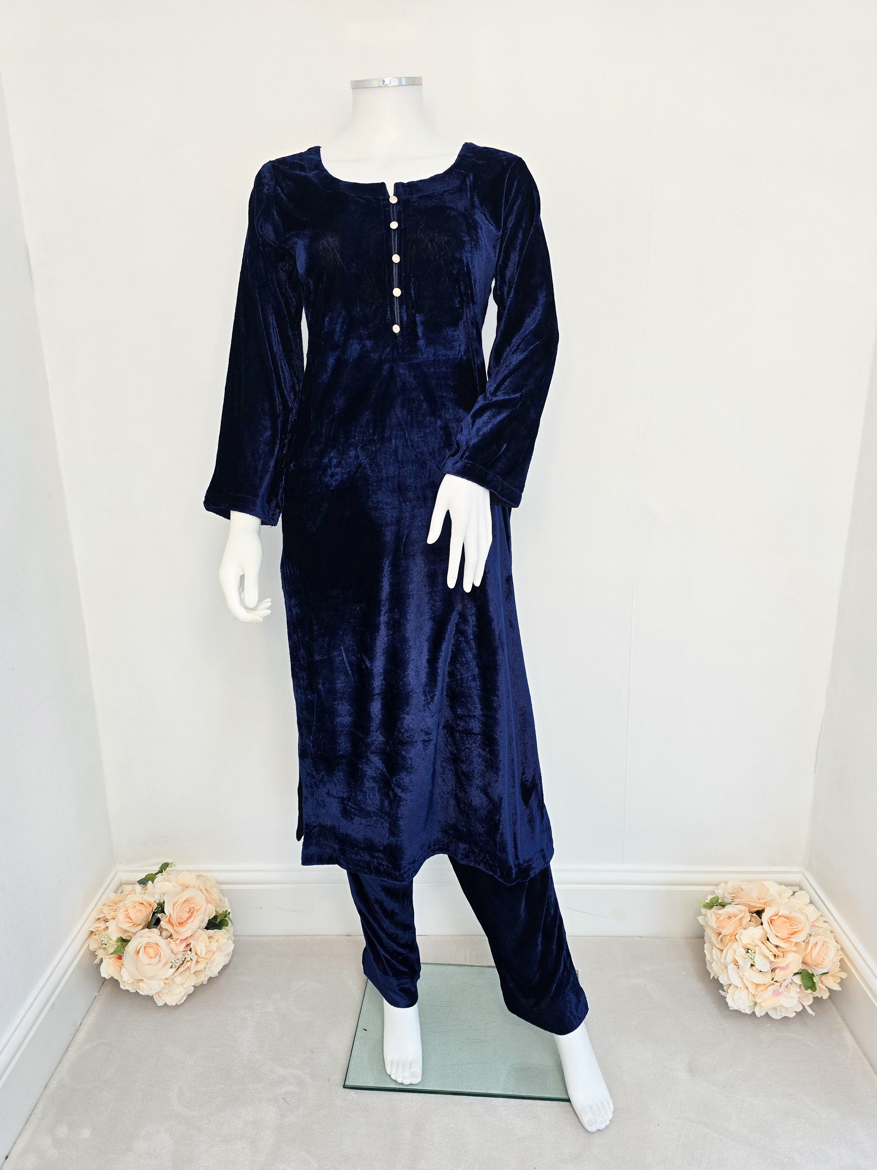 Blue Winter Velvet Plain 2-Piece Suit