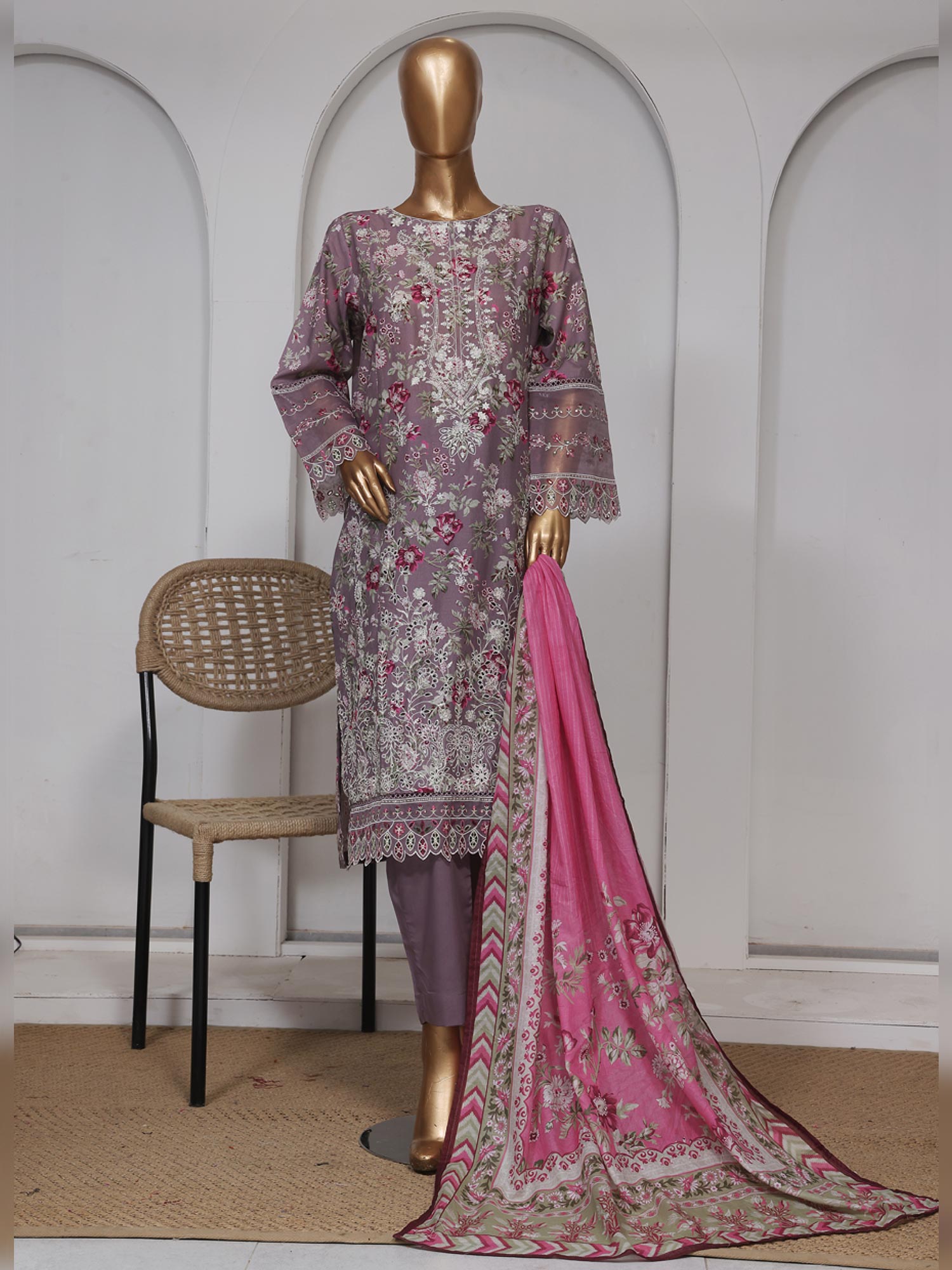 Bin Saeed Embroidered Premium Lawn 3-Piece Suit - Mauve