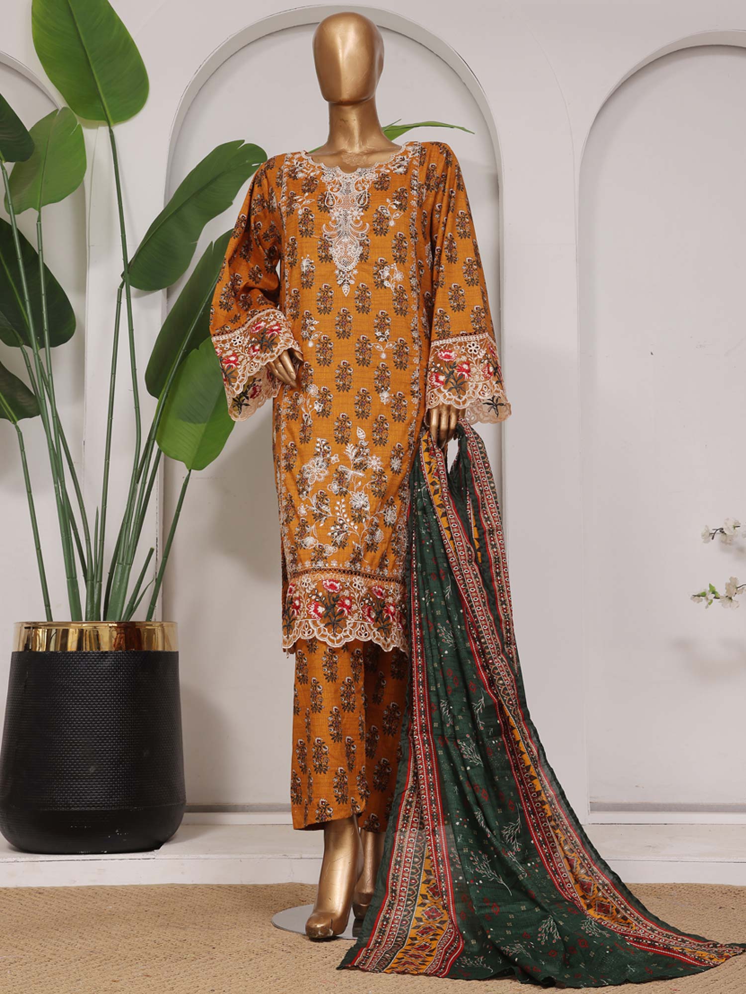 Bin Saeed Embroidered Premium Lawn 3-Piece Suit - Mustard