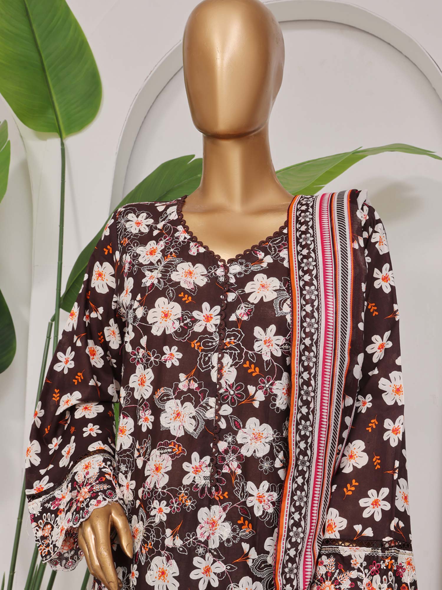 Bin Saeed Embroidered Premium Lawn 3-Piece Suit - Dark Brown