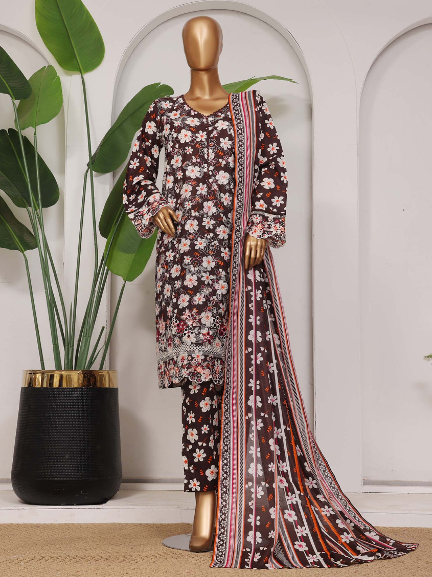 Bin Saeed Embroidered Premium Lawn 3-Piece Suit - Dark Brown